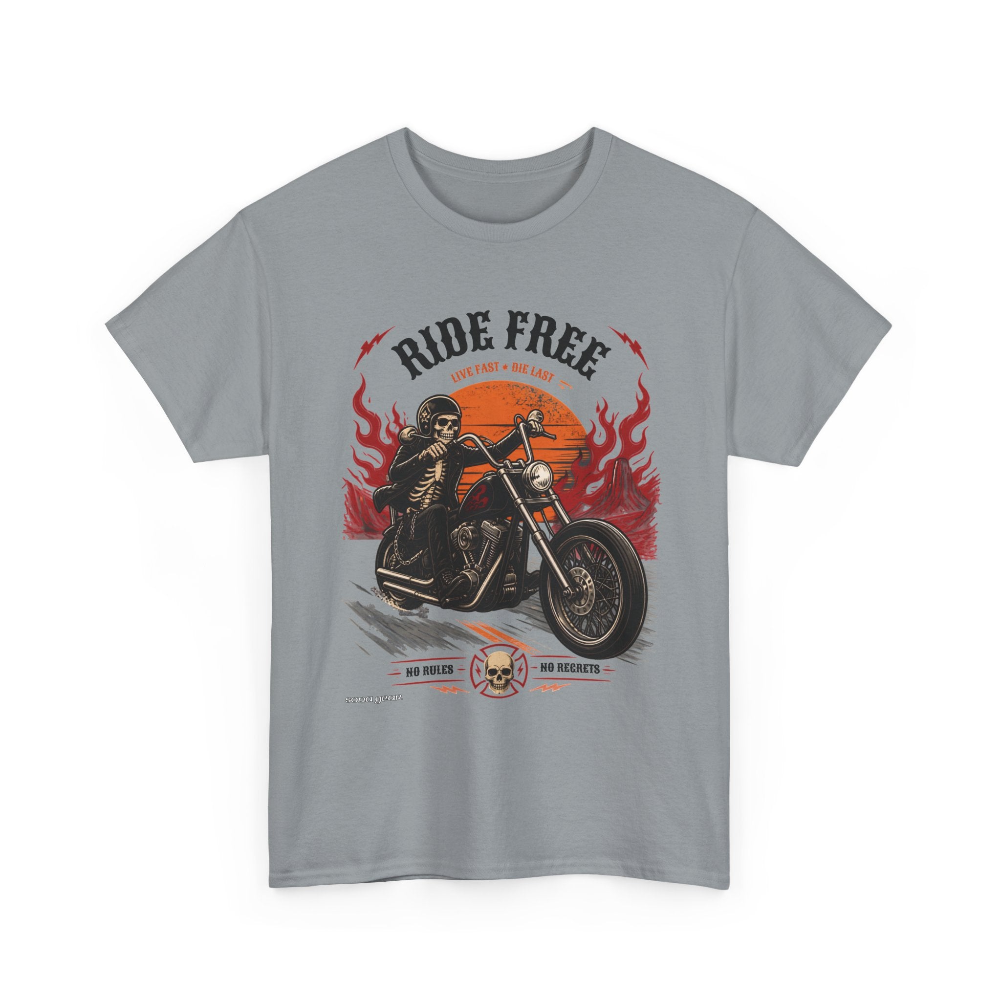 Ride Free Motorcycle Tee | Biker Skeleton Rider, Flames, Retro Sunset