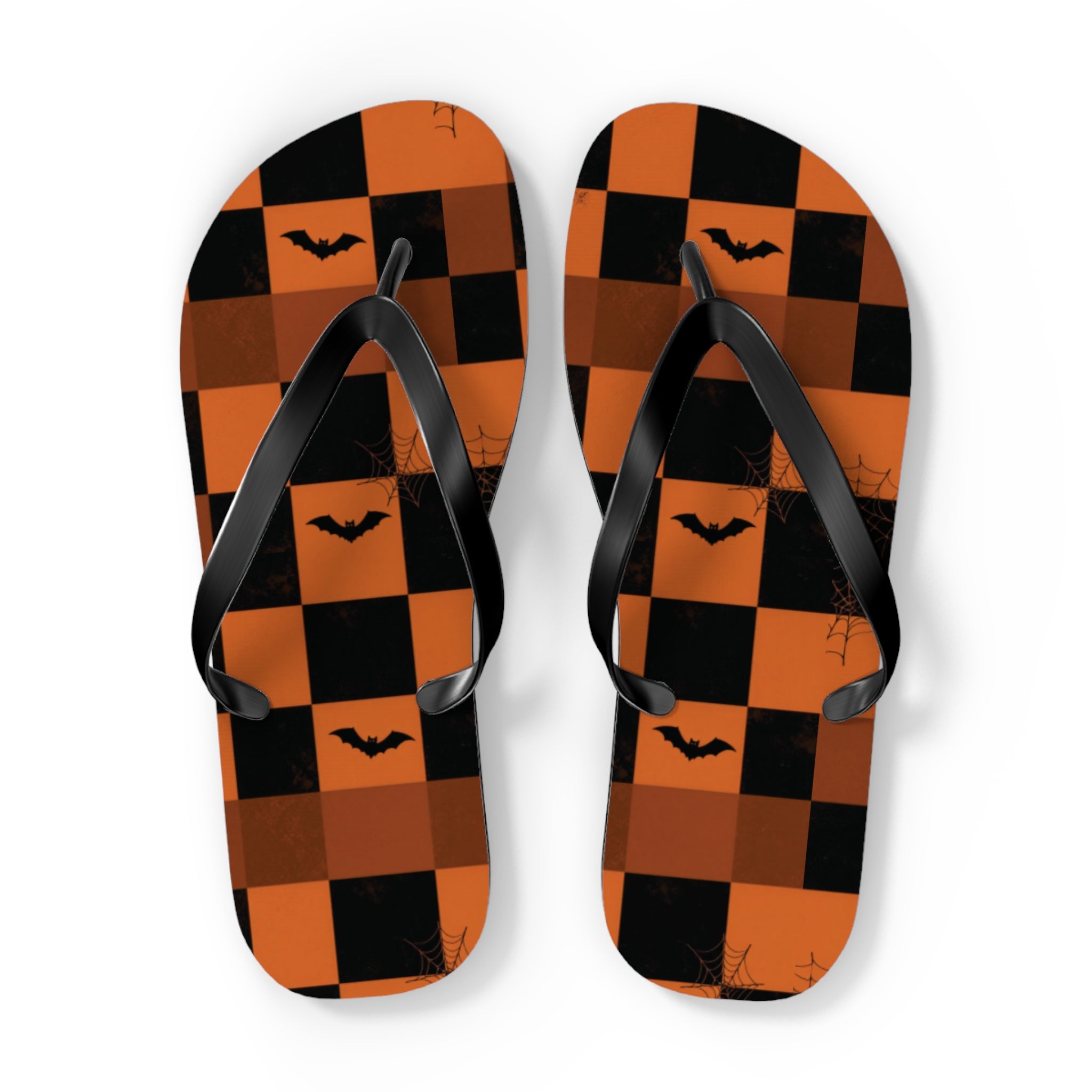 Halloween Bat Checkerboard Flip Flops — Orange & Black Beach Sandals