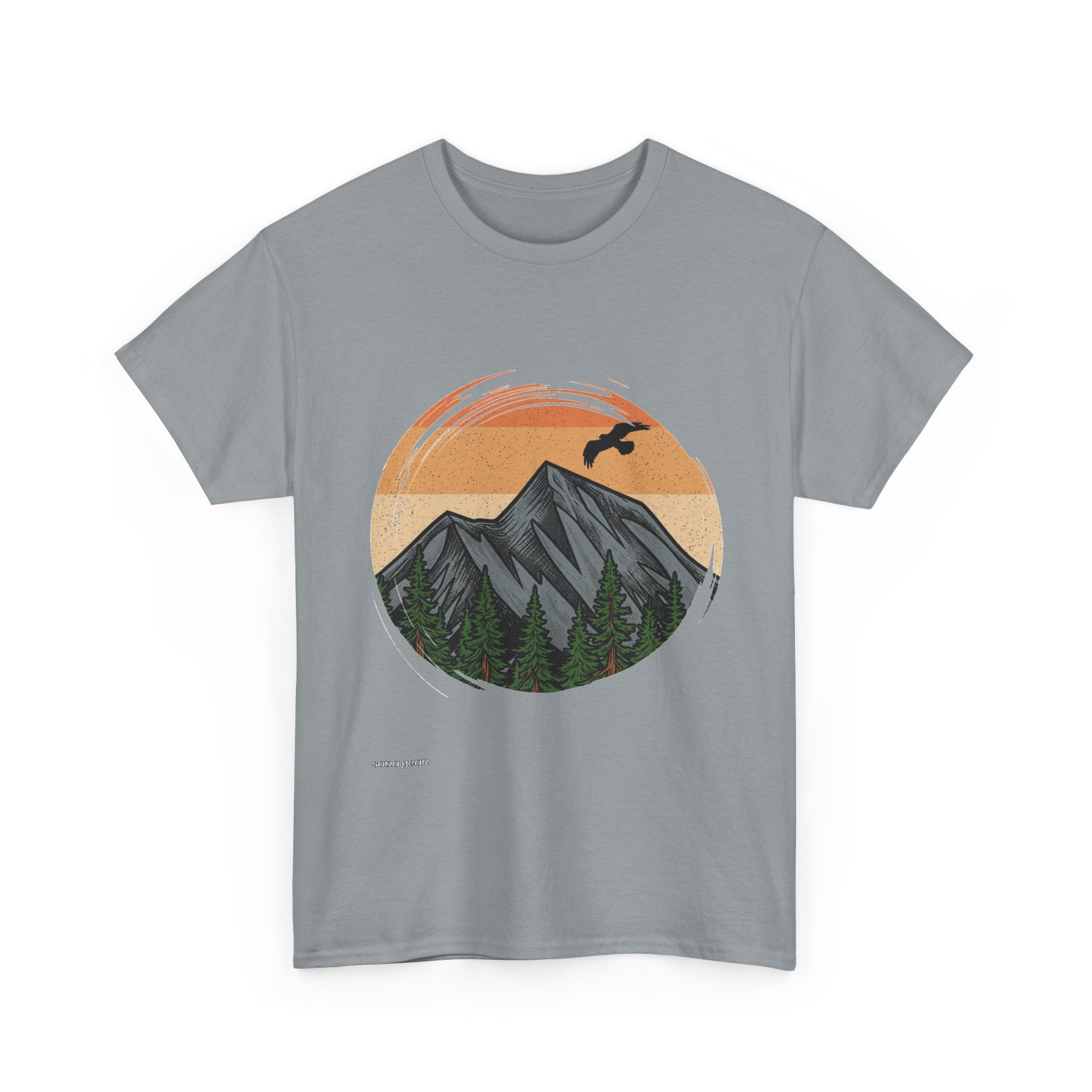 Sunset Mountain Landscape T-Shirt | Retro Peaks, Forest, Soaring Bird