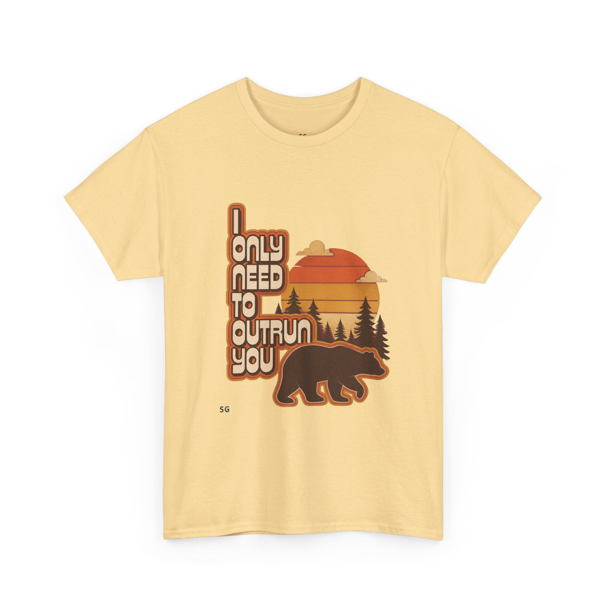 Bear Sunset Tee — "I Only Need to Outrun You" Retro Nature T-Shirt