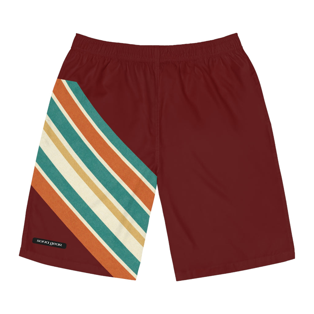 Retro Stripe Board Shorts — Men's Maroon Surf Trunks