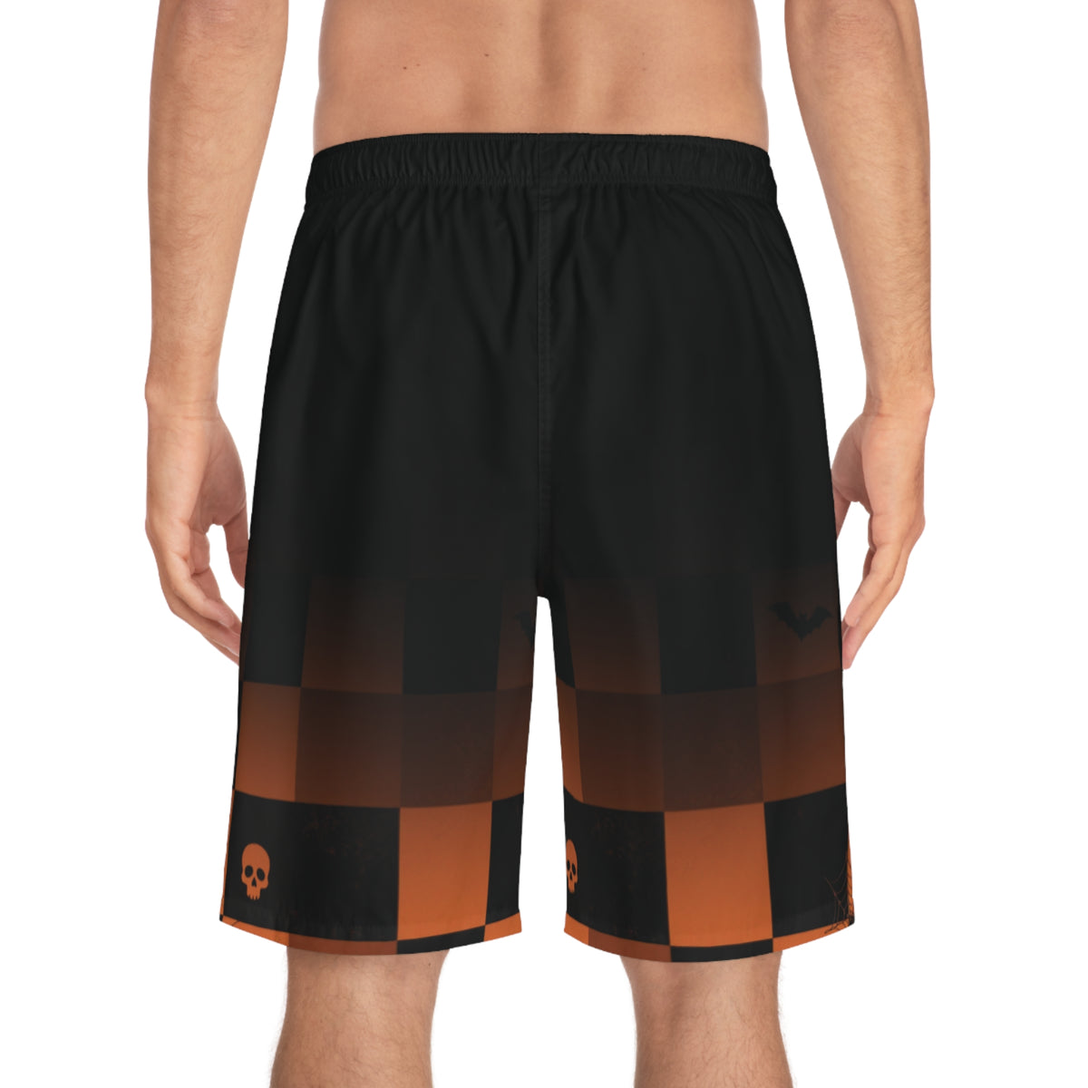 Men's Halloween Checkerboard Board Shorts — Orange Skull & Bat Swim Trunks