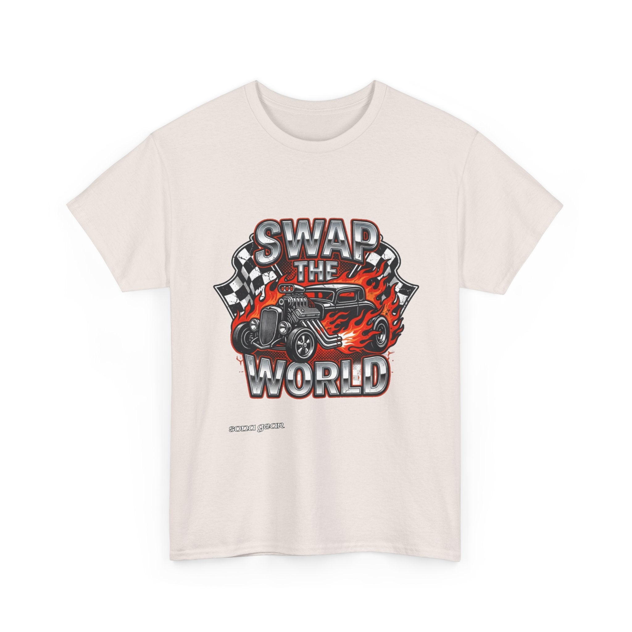 Swap The World hot rod car T-Shirt | flaming vintage race decal