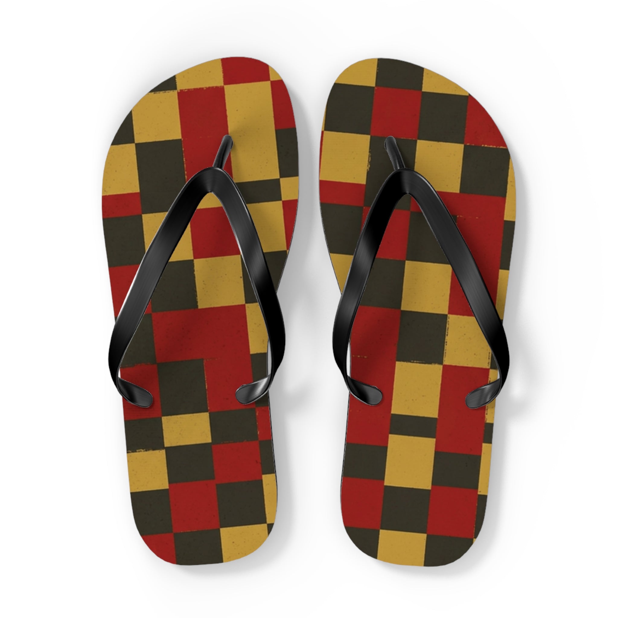 Checkerboard Flip Flops – Retro Red, Mustard & Olive Summer Sandals