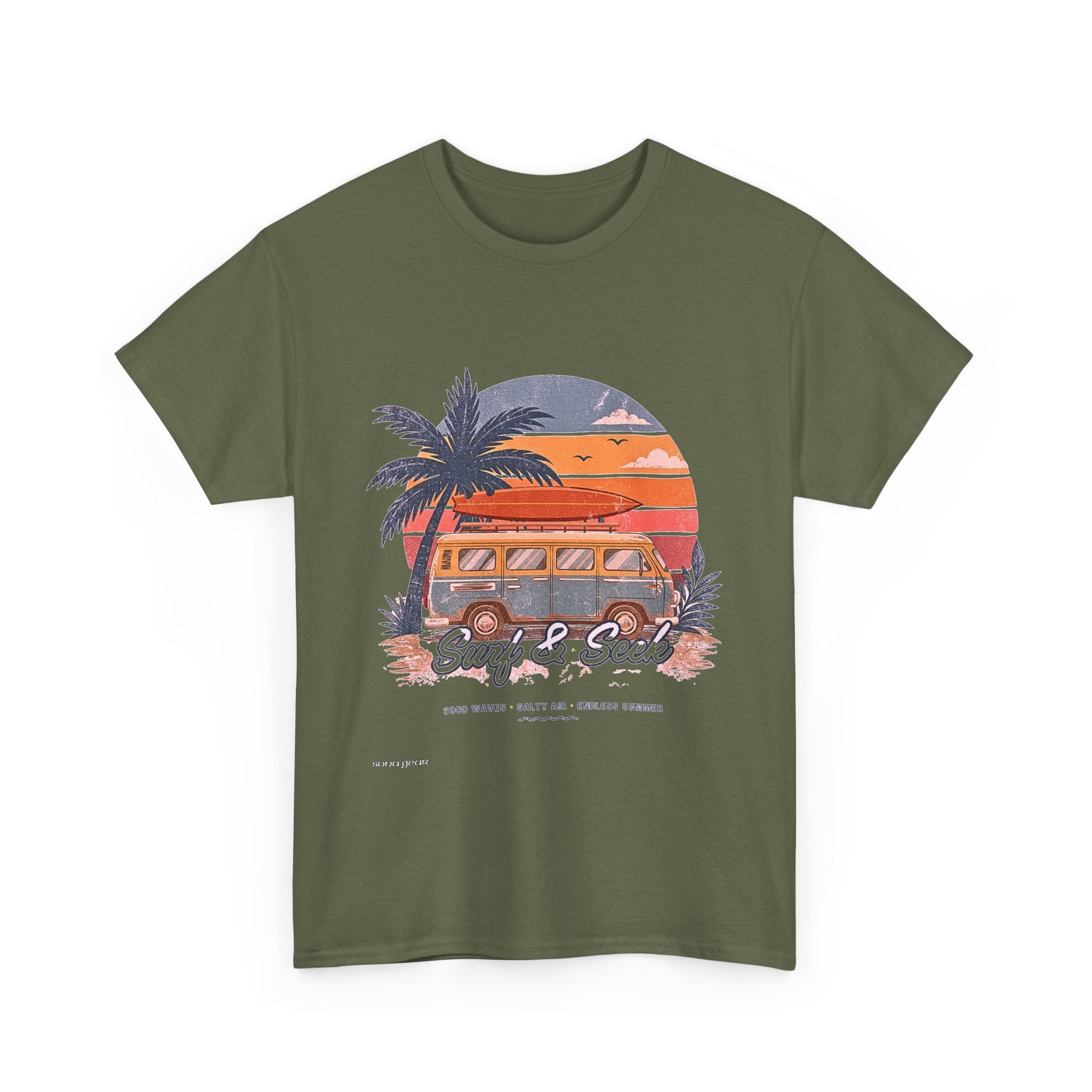 Surf & Seek Vintage Van T-Shirt — Retro Beach Sunset Tee