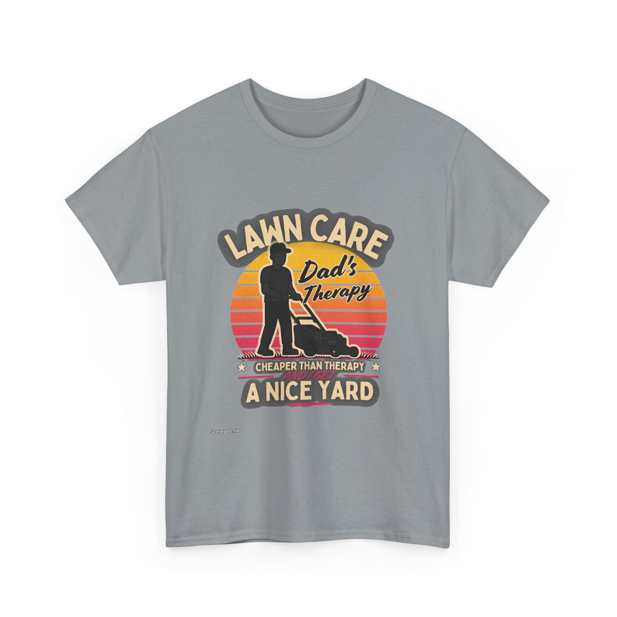 Lawn Care Dad's Therapy T-Shirt | Retro Sunset Mowing Design