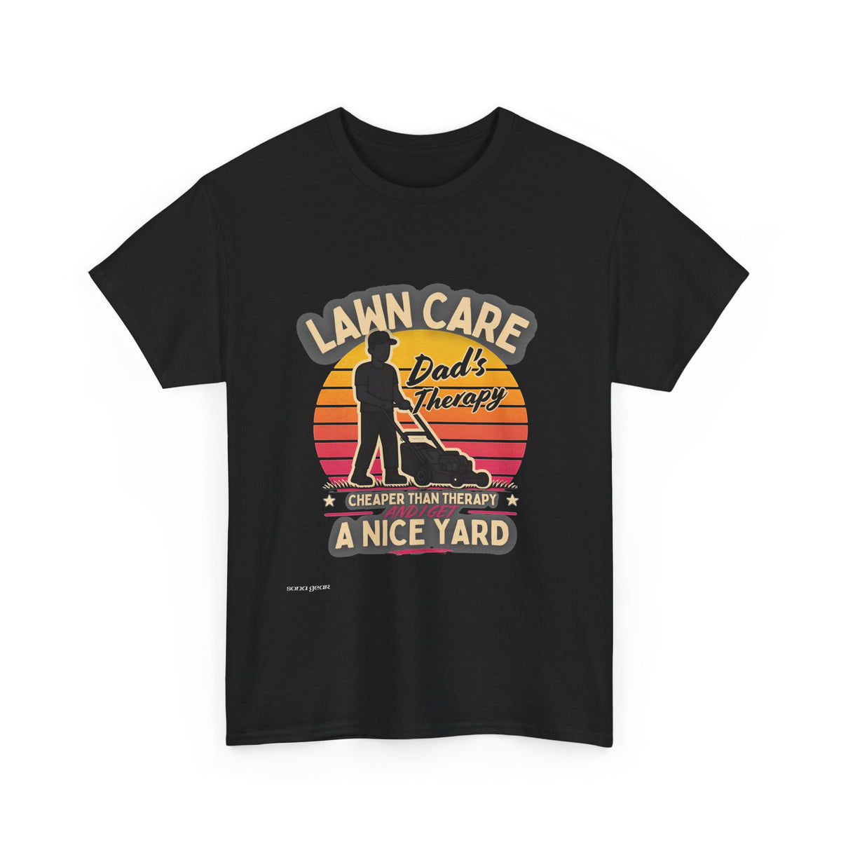 Lawn Care Dad's Therapy T-Shirt | Retro Sunset Mowing Design