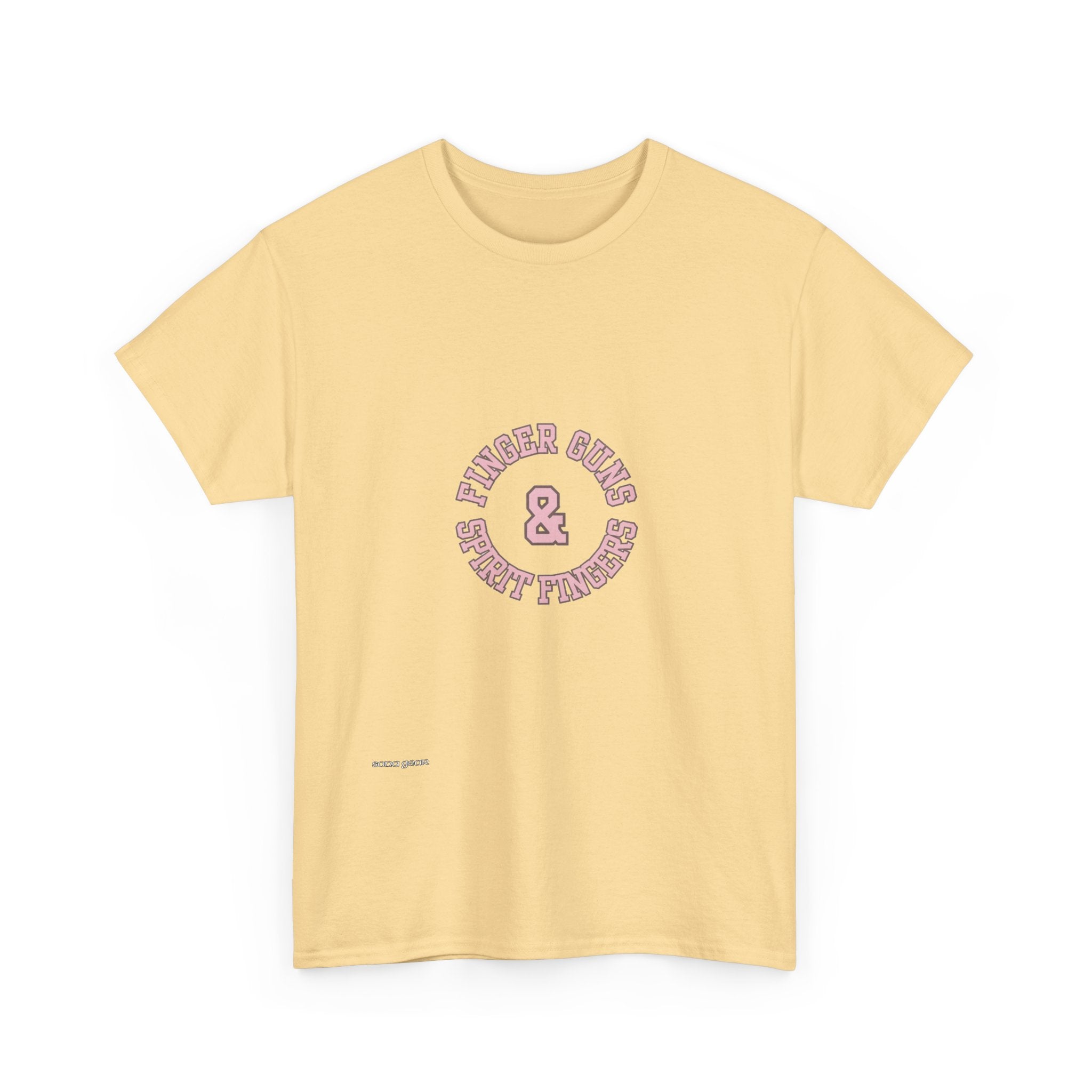 Retro Pink & Blue Badge T-Shirt — "Finger Guns and Spirit Fingers" Graphic Tee
