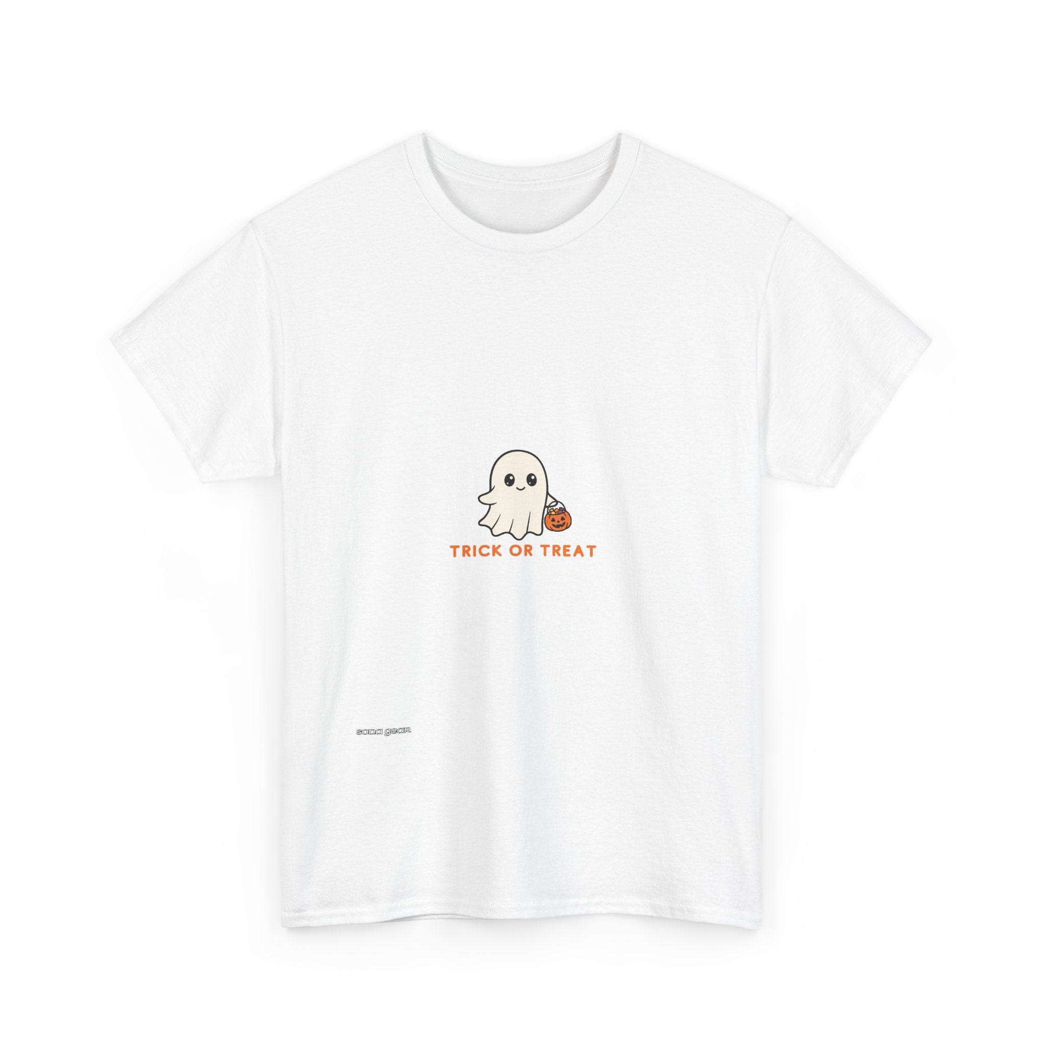 Ghost Trick-or-Treat T-Shirt — Cute Halloween Tee with Pumpkin Candy Bag