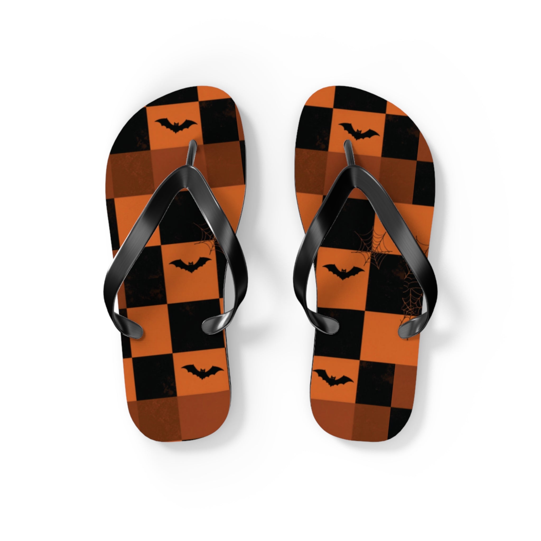 Halloween Bat Checkerboard Flip Flops — Orange & Black Beach Sandals