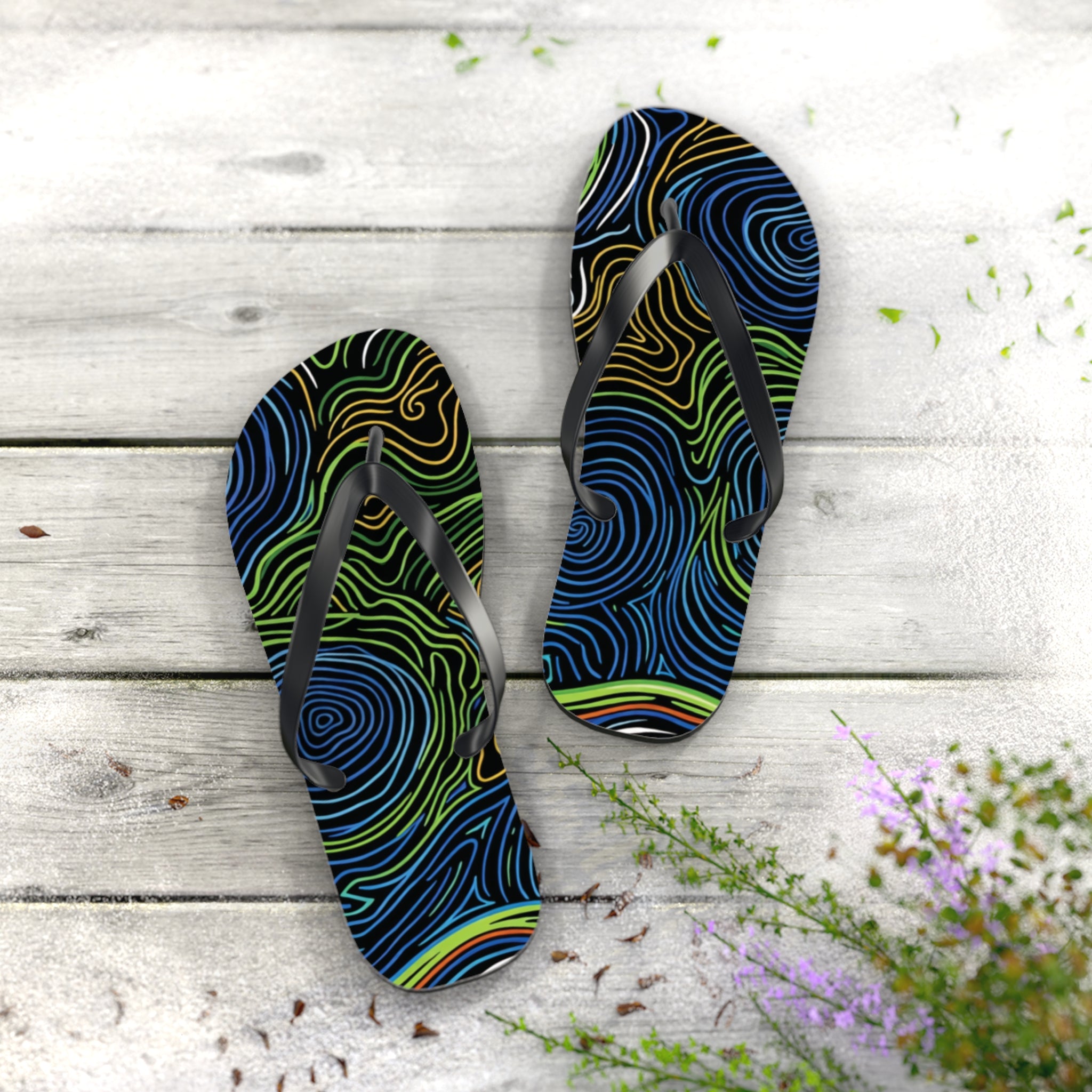 Psychedelic Swirl Flip Flops — Tropical Abstract Beach Sandals