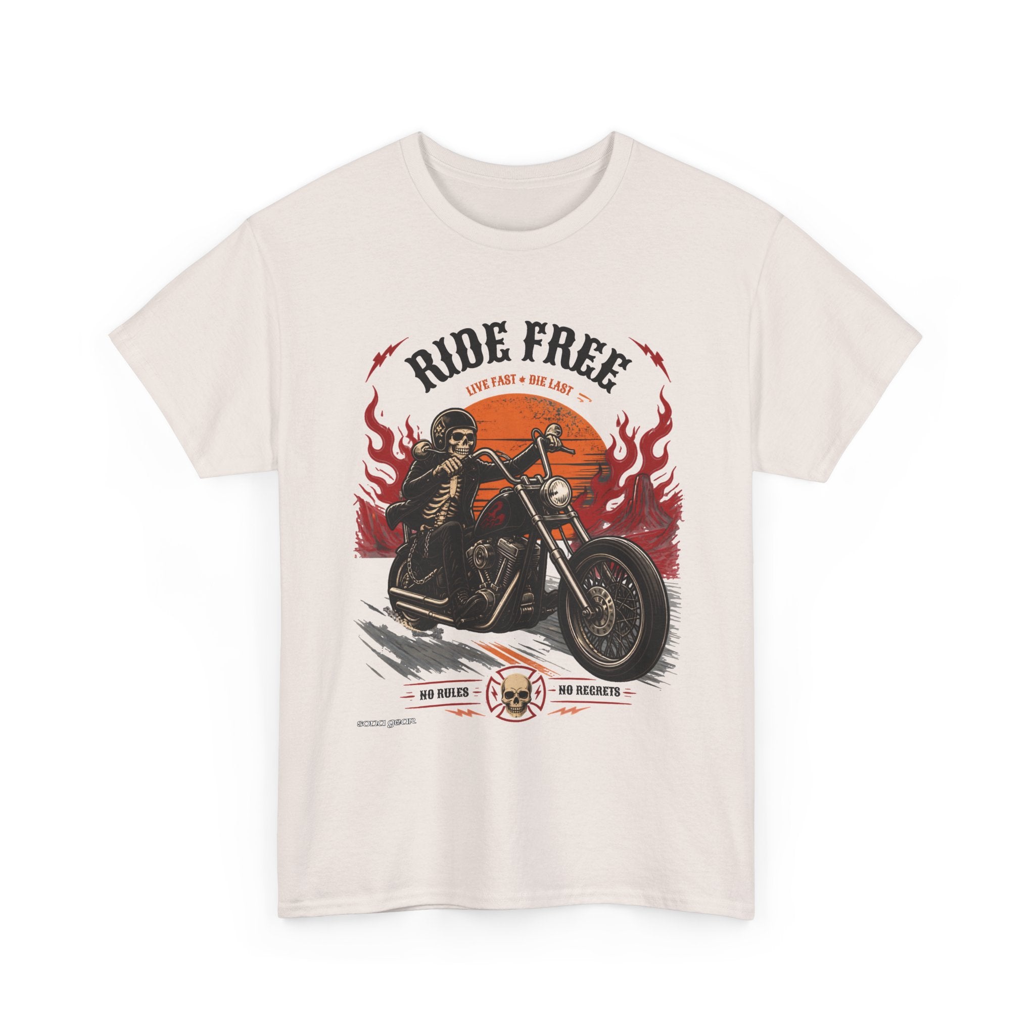Ride Free Motorcycle Tee | Biker Skeleton Rider, Flames, Retro Sunset