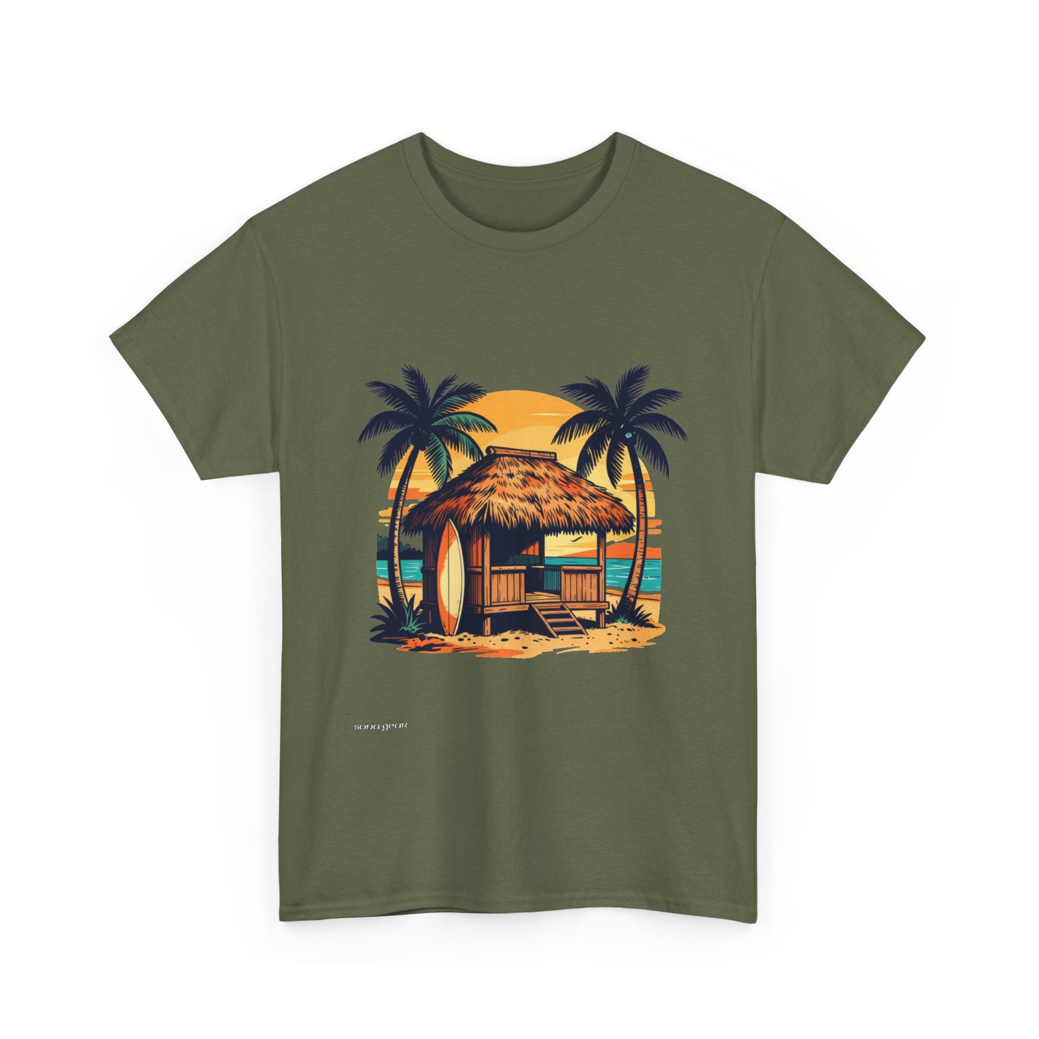 Tropical Beach Hut Tee | Surfboard Palm Trees Sunset