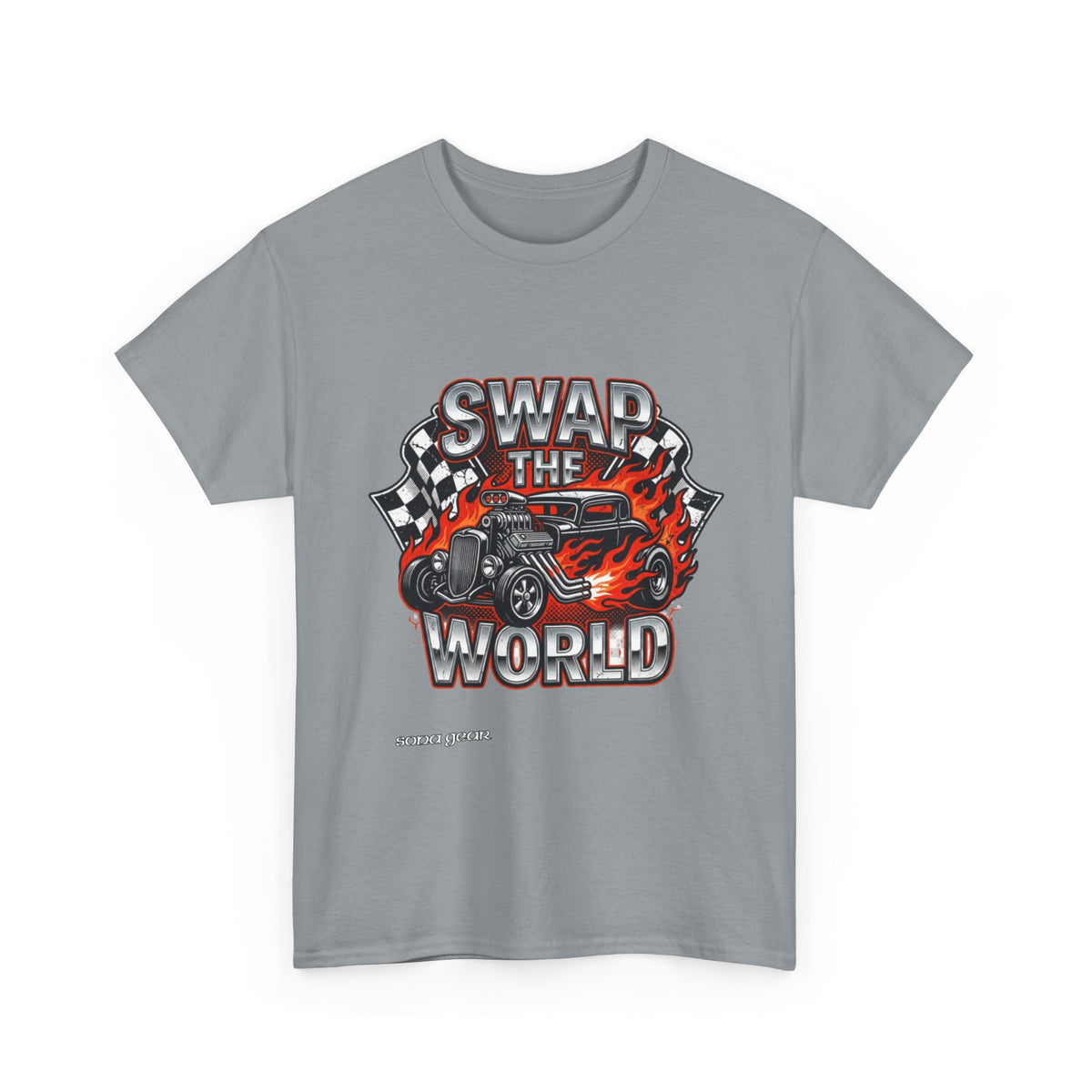Swap The World hot rod car T-Shirt | flaming vintage race decal