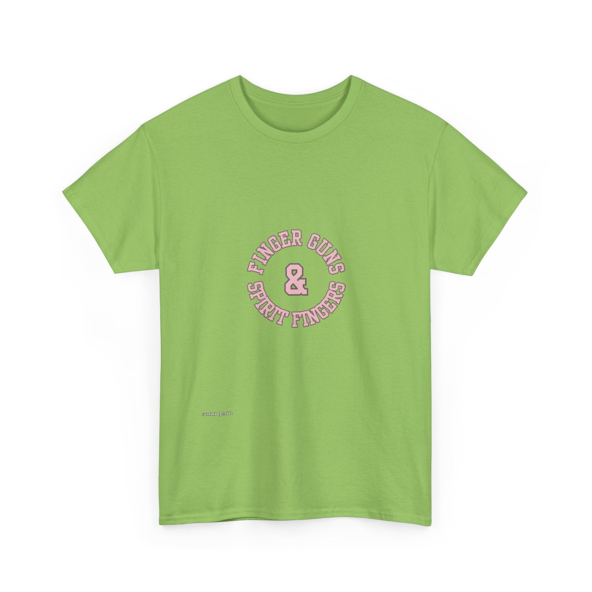 Retro Pink & Blue Badge T-Shirt — "Finger Guns and Spirit Fingers" Graphic Tee