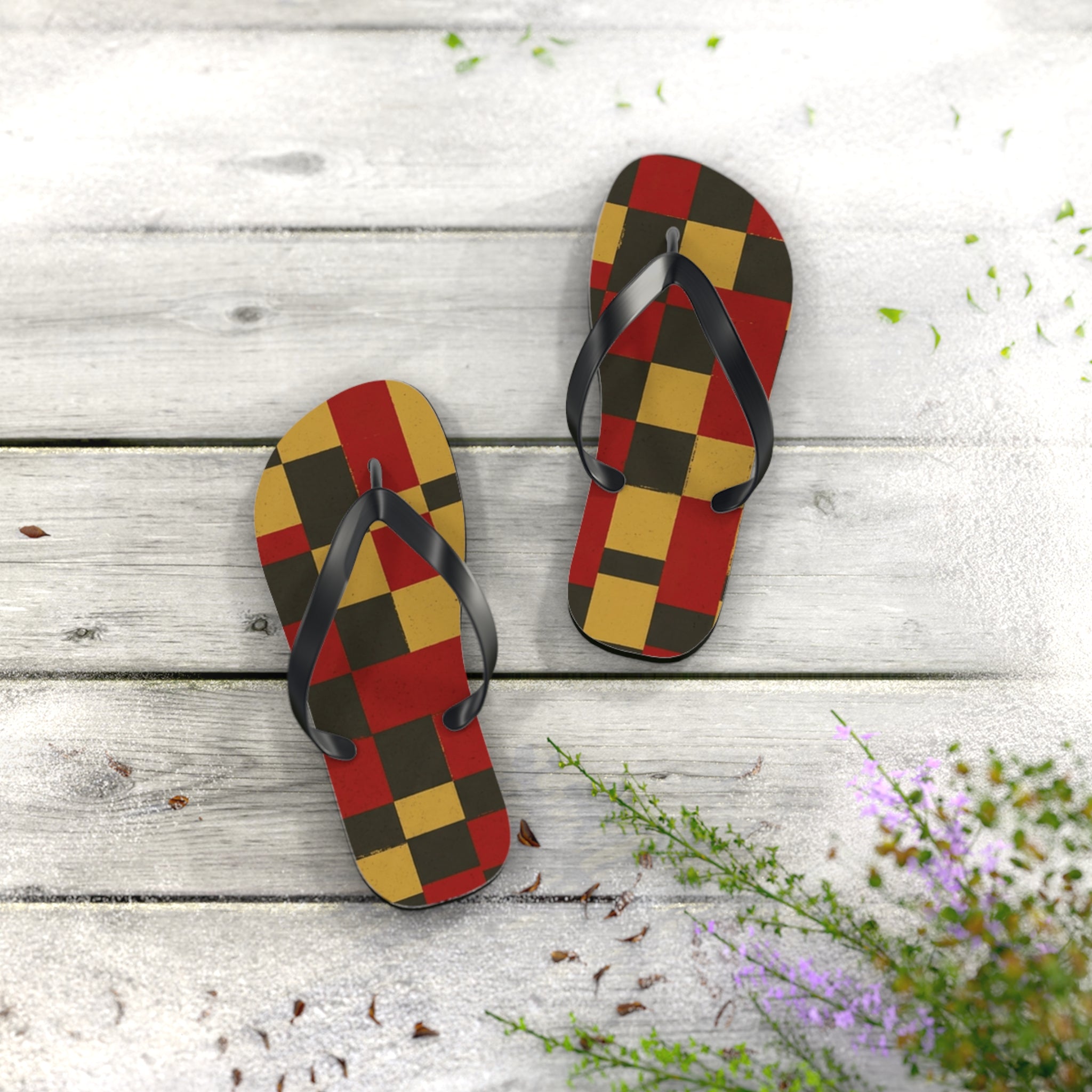 Checkerboard Flip Flops – Retro Red, Mustard & Olive Summer Sandals