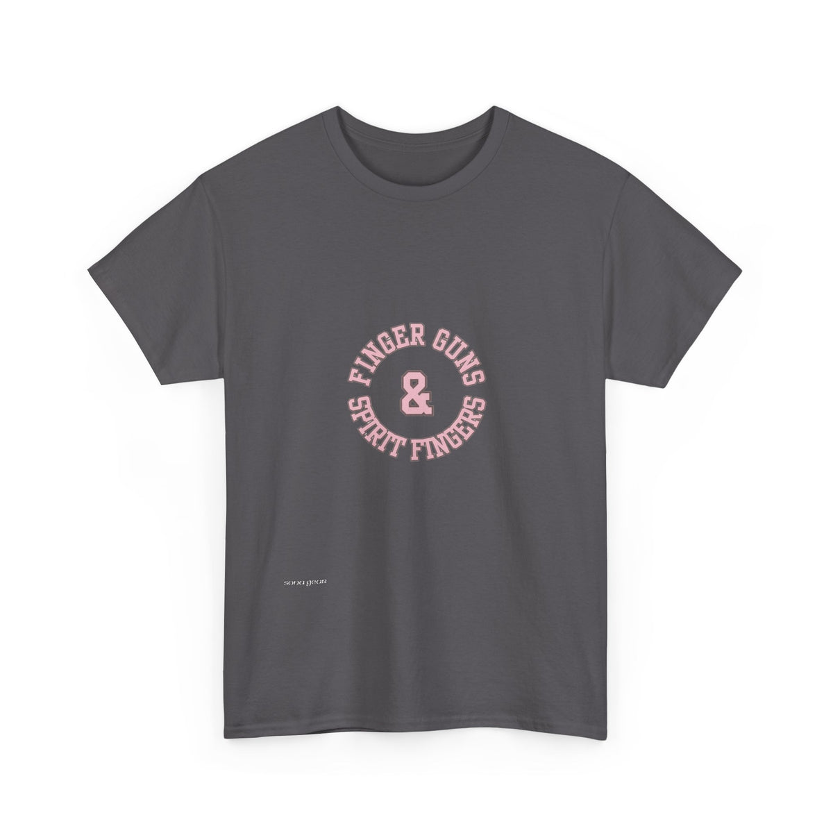 Retro Pink & Blue Badge T-Shirt — "Finger Guns and Spirit Fingers" Graphic Tee