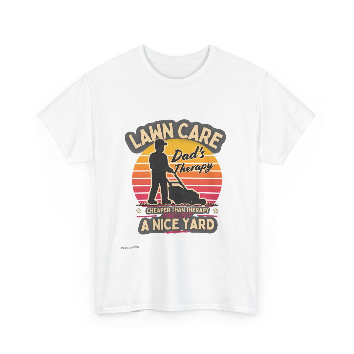 Lawn Care Dad's Therapy T-Shirt | Retro Sunset Mowing Design