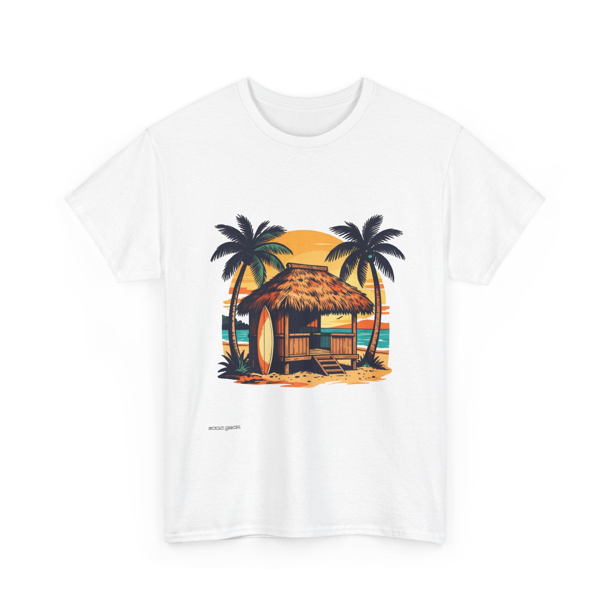 Tropical Beach Hut Tee | Surfboard Palm Trees Sunset