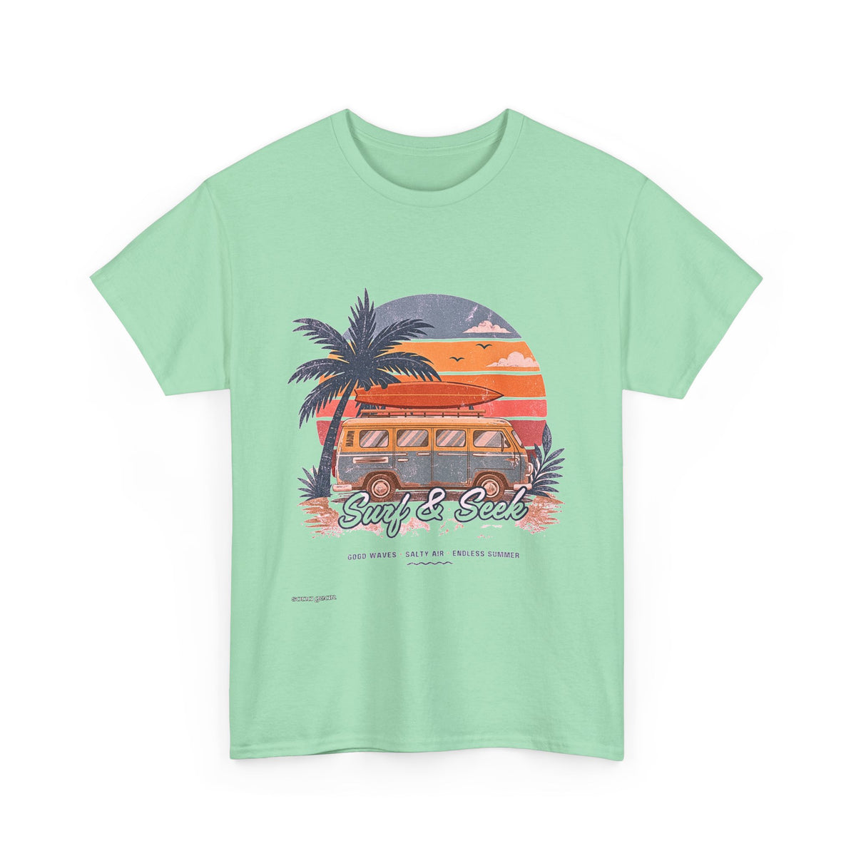 Surf & Seek Vintage Van T-Shirt — Retro Beach Sunset Tee