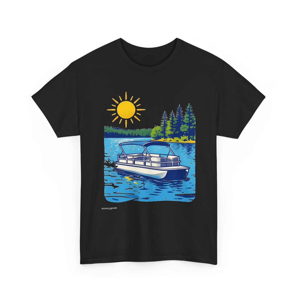 Pontoon Boat on Lake T-Shirt | Summer Lake Life, Pine Trees, Sunny Day