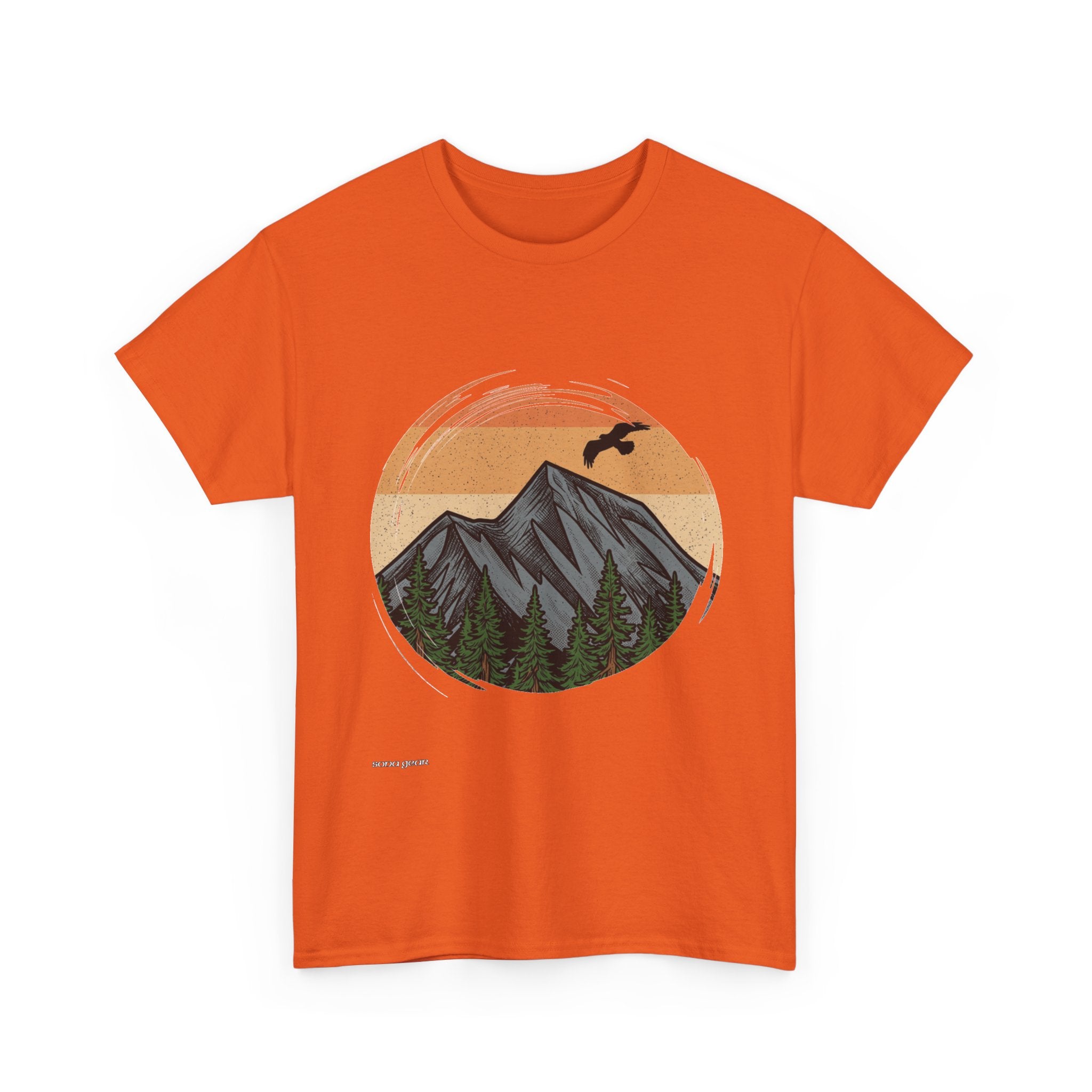 Sunset Mountain Landscape T-Shirt | Retro Peaks, Forest, Soaring Bird