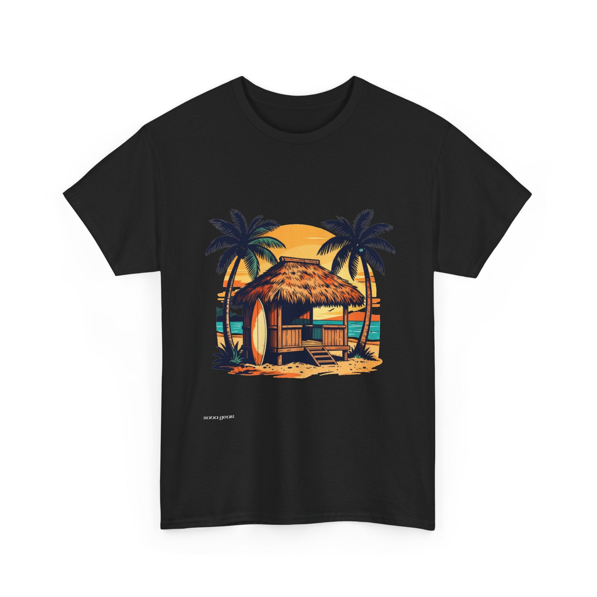 Tropical Beach Hut Tee | Surfboard Palm Trees Sunset