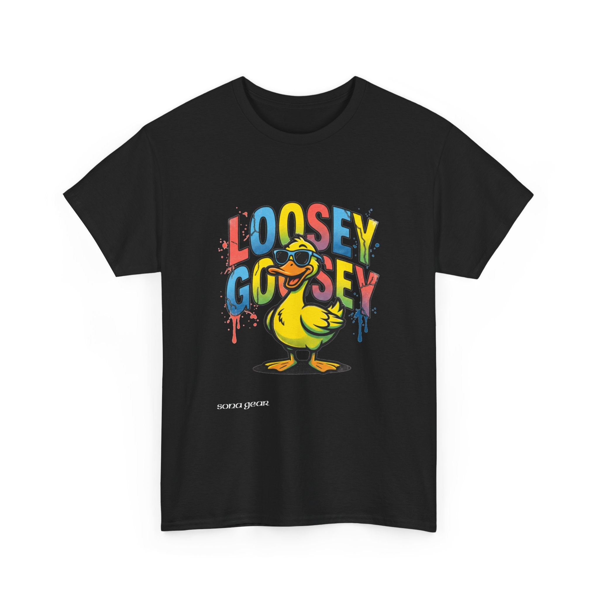 Loosey Goosey Duck T-Shirt | Cartoon Duck Graphic Tee, Colorful Drip Text
