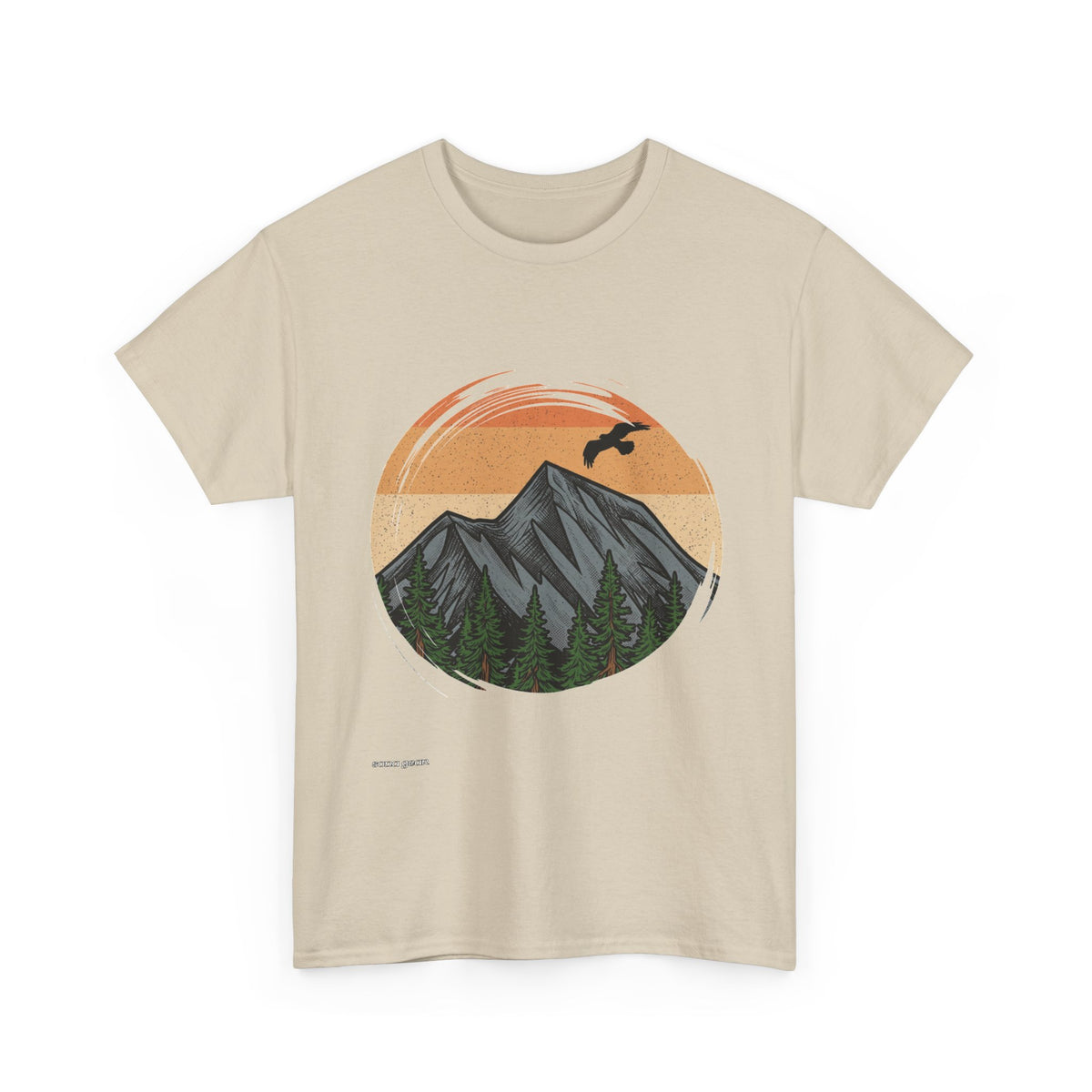 Sunset Mountain Landscape T-Shirt | Retro Peaks, Forest, Soaring Bird