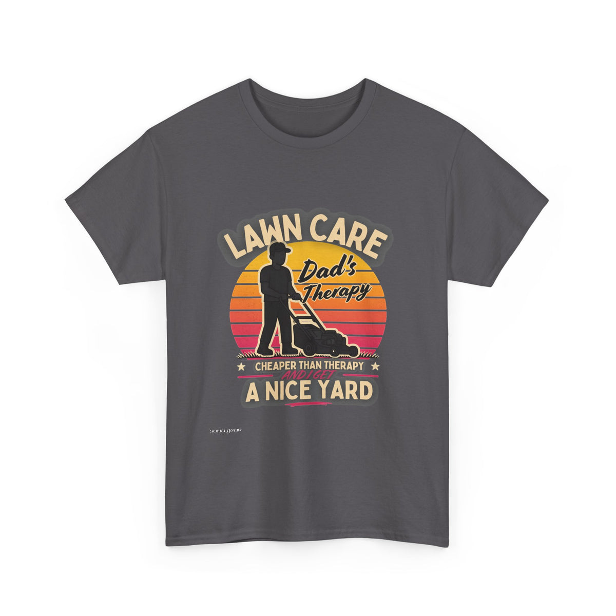 Lawn Care Dad's Therapy T-Shirt | Retro Sunset Mowing Design