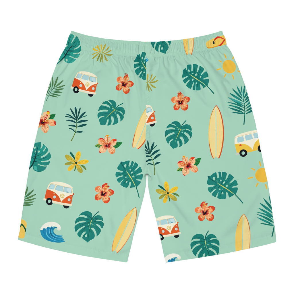 Tropical Surf Board Shorts – Retro Camper & Hibiscus Print