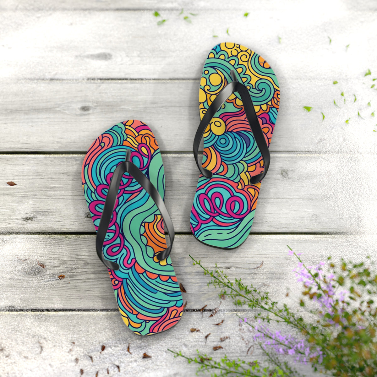Colorful Swirl Flip Flops — Vibrant Abstract Beach Sandals