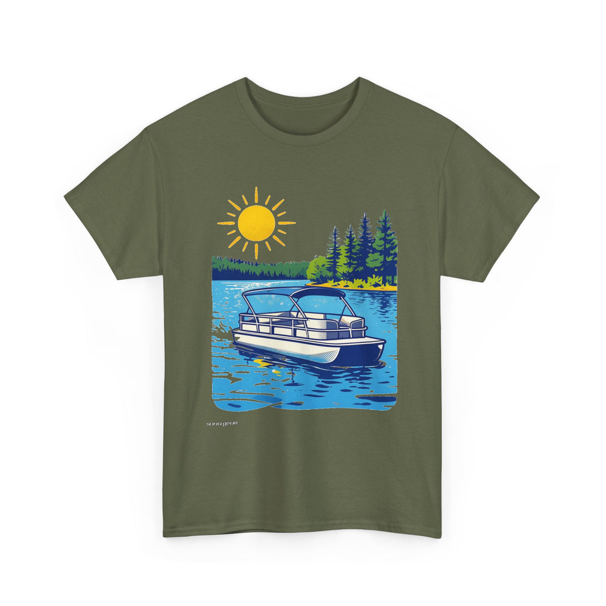 Pontoon Boat on Lake T-Shirt | Summer Lake Life, Pine Trees, Sunny Day