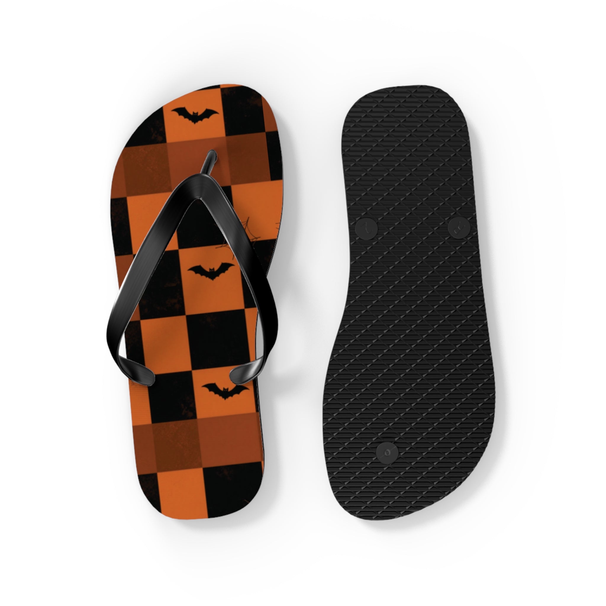 Halloween Bat Checkerboard Flip Flops — Orange & Black Beach Sandals