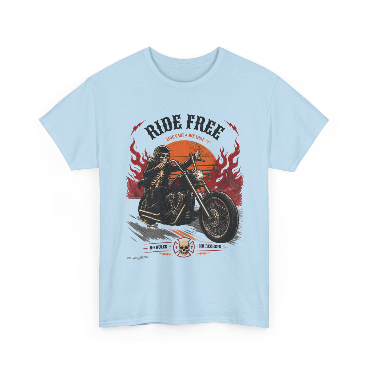 Ride Free Motorcycle Tee | Biker Skeleton Rider, Flames, Retro Sunset