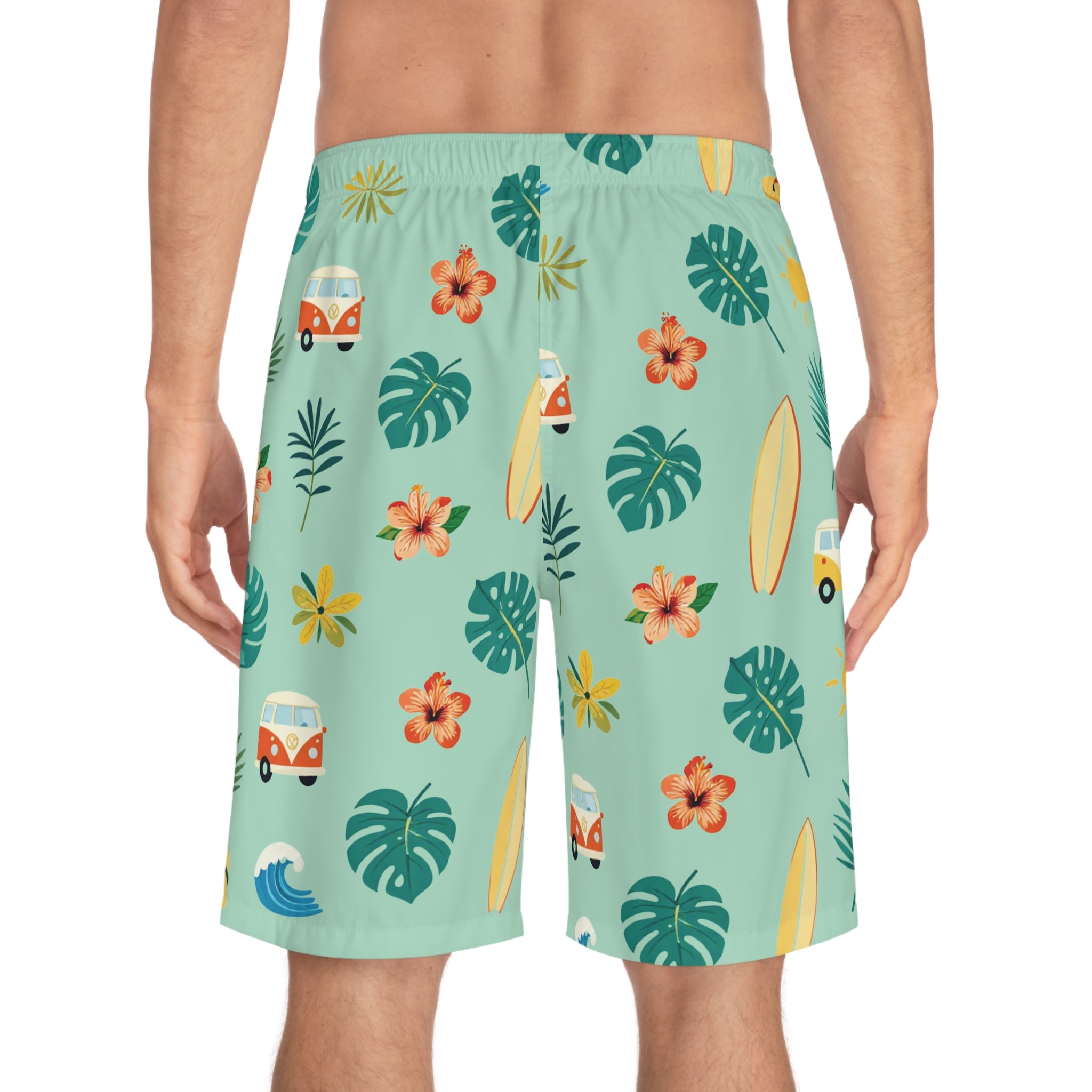 Tropical Surf Board Shorts – Retro Camper & Hibiscus Print