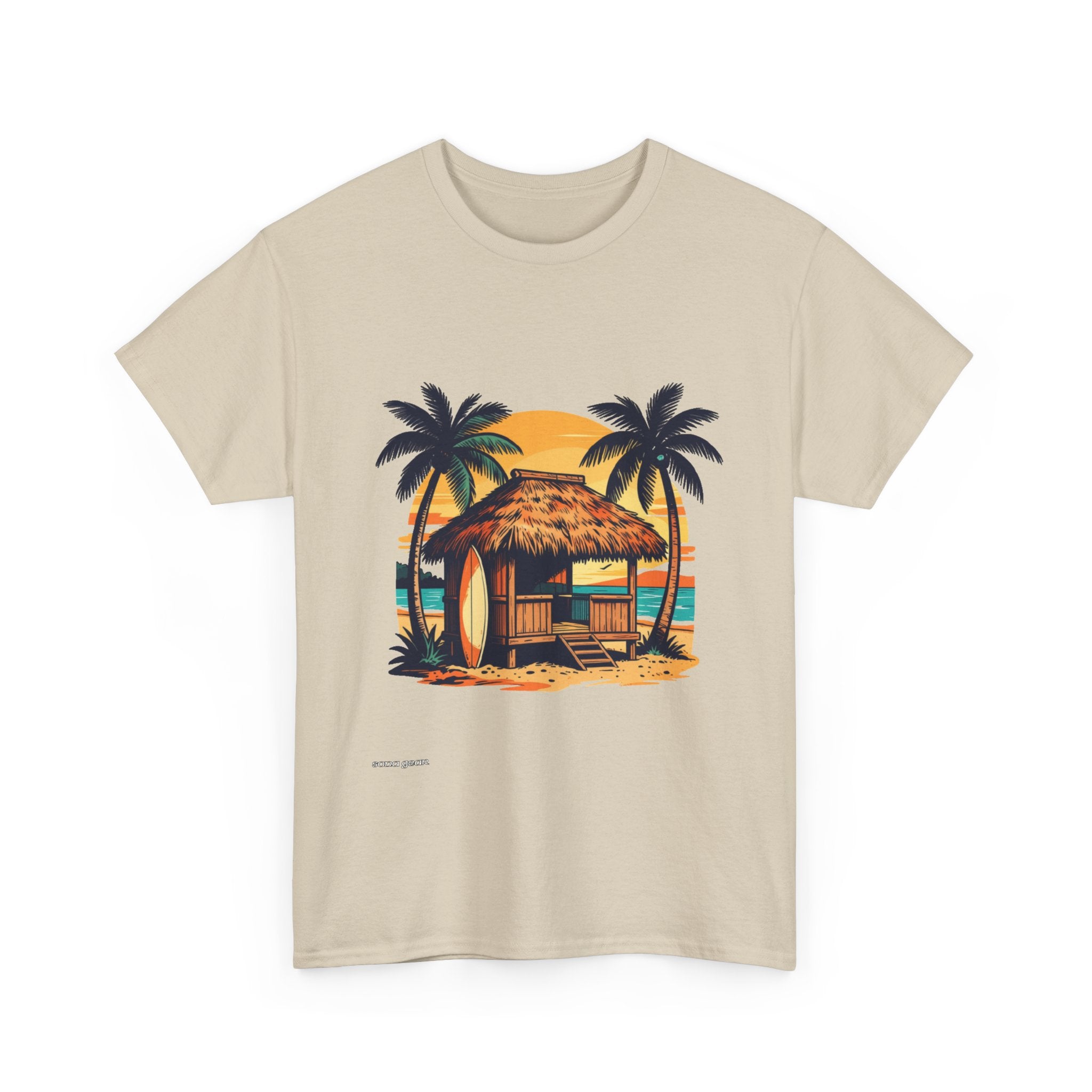 Tropical Beach Hut Tee | Surfboard Palm Trees Sunset