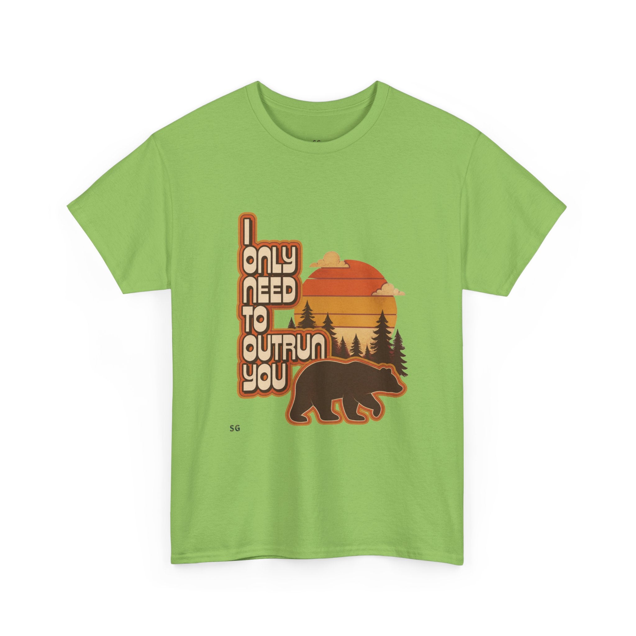Bear Sunset Tee — "I Only Need to Outrun You" Retro Nature T-Shirt