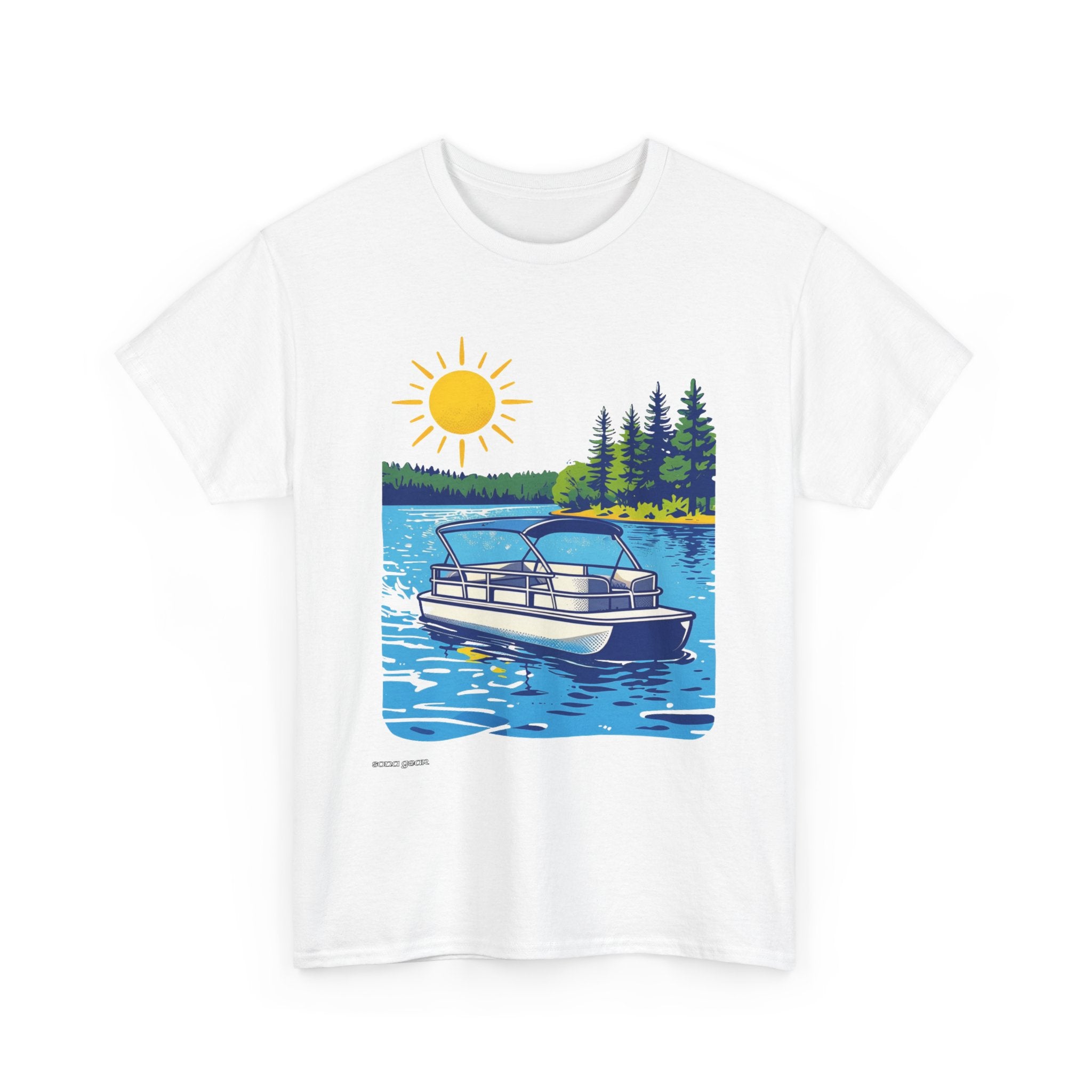 Pontoon Boat on Lake T-Shirt | Summer Lake Life, Pine Trees, Sunny Day