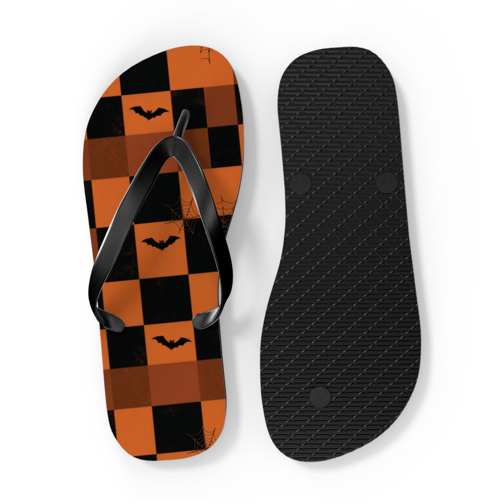 Halloween Bat Checkerboard Flip Flops — Orange & Black Beach Sandals