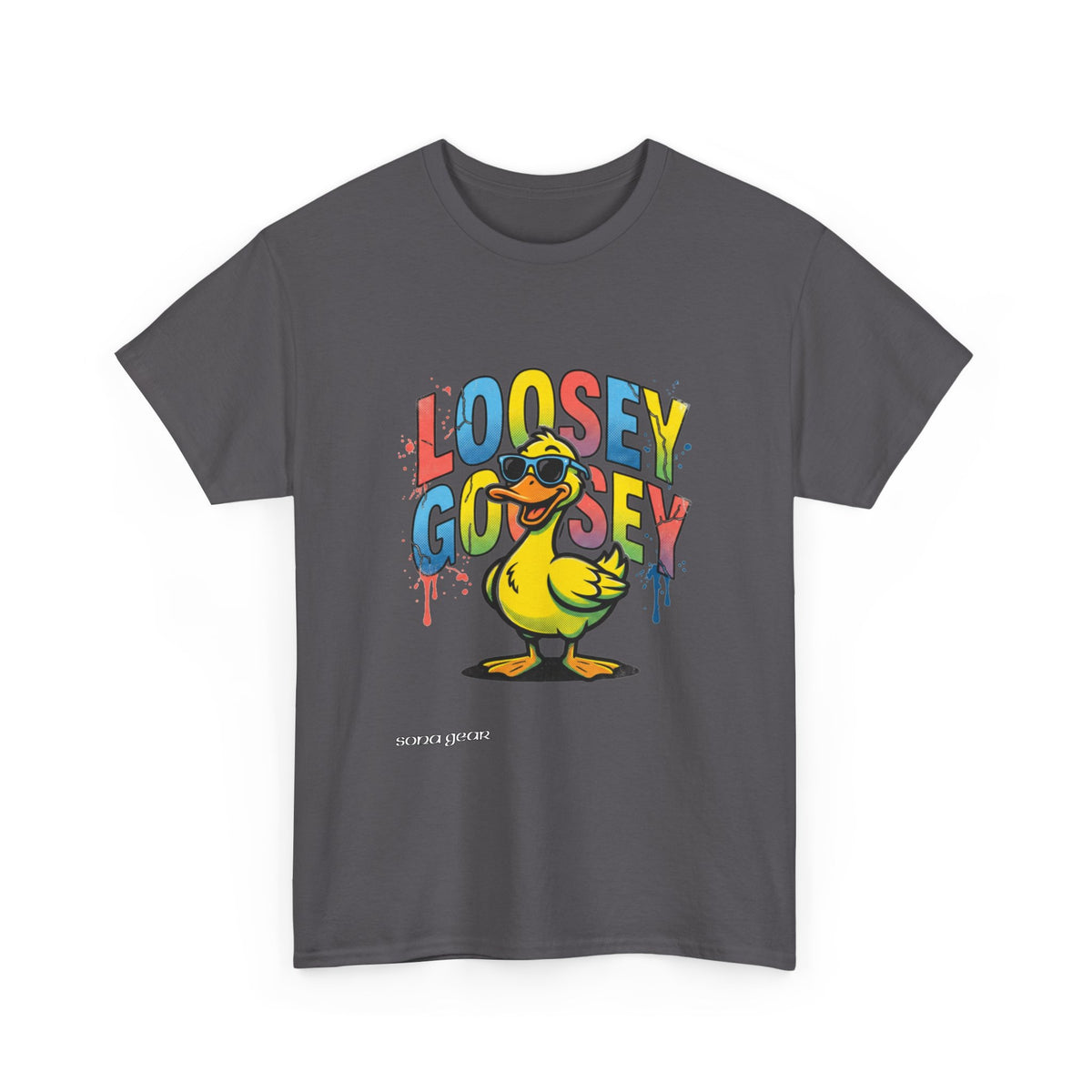 Loosey Goosey Duck T-Shirt | Cartoon Duck Graphic Tee, Colorful Drip Text