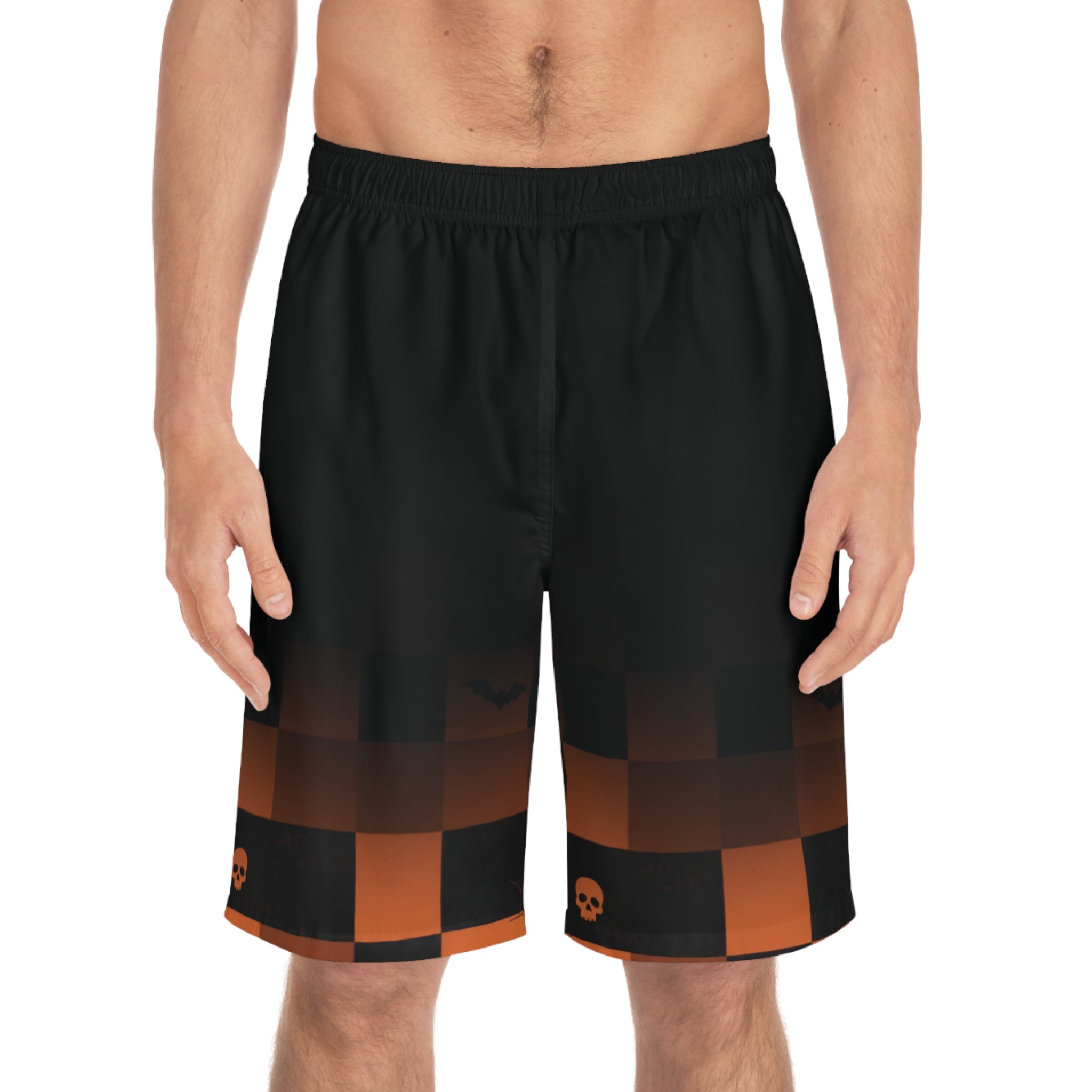 Men's Halloween Checkerboard Board Shorts — Orange Skull & Bat Swim Trunks