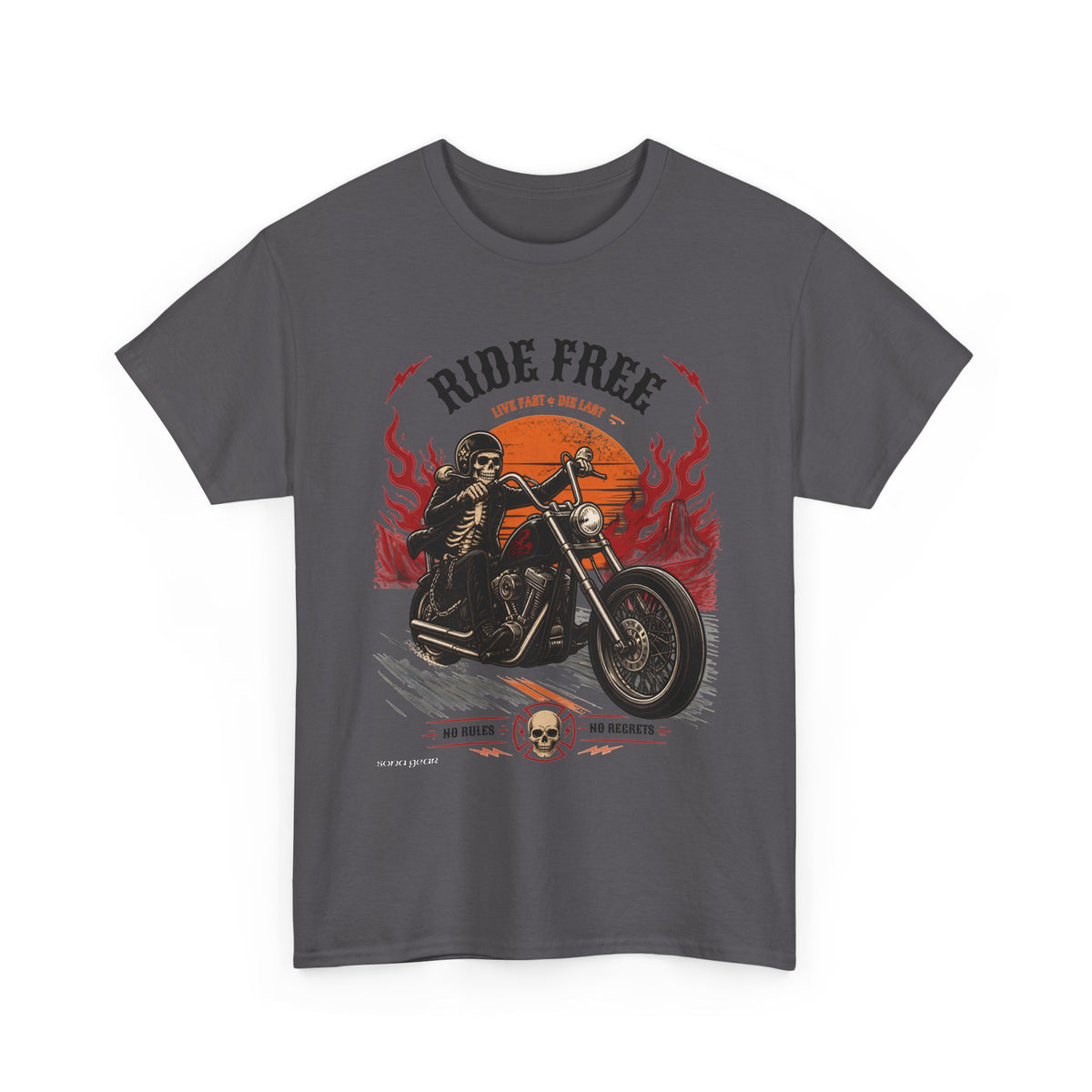 Ride Free Motorcycle Tee | Biker Skeleton Rider, Flames, Retro Sunset
