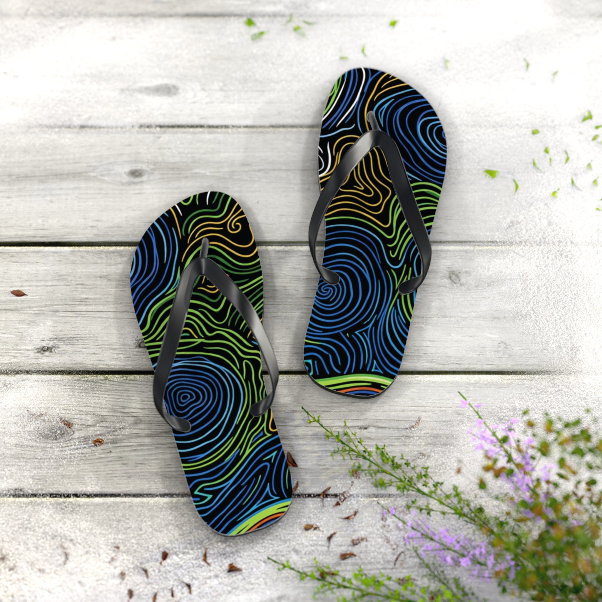 Psychedelic Swirl Flip Flops — Tropical Abstract Beach Sandals