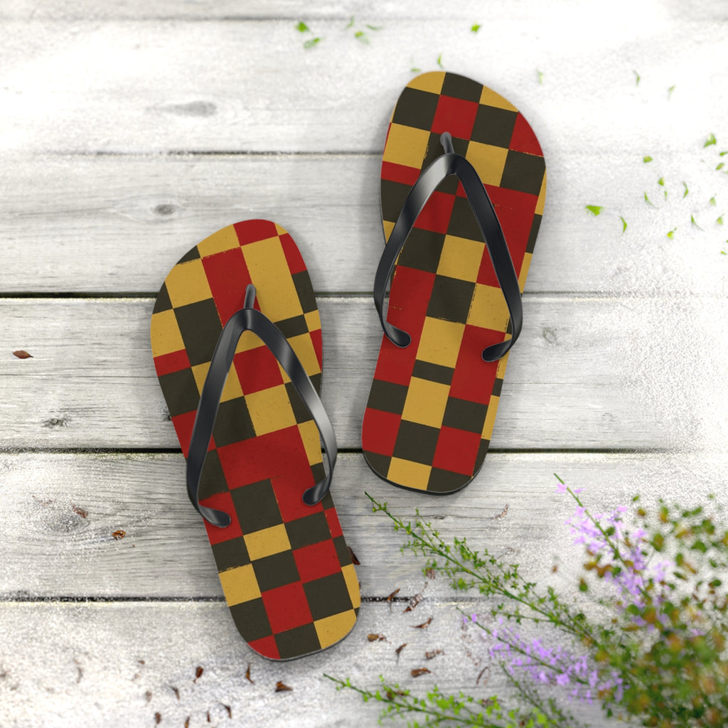 Checkerboard Flip Flops – Retro Red, Mustard & Olive Summer Sandals