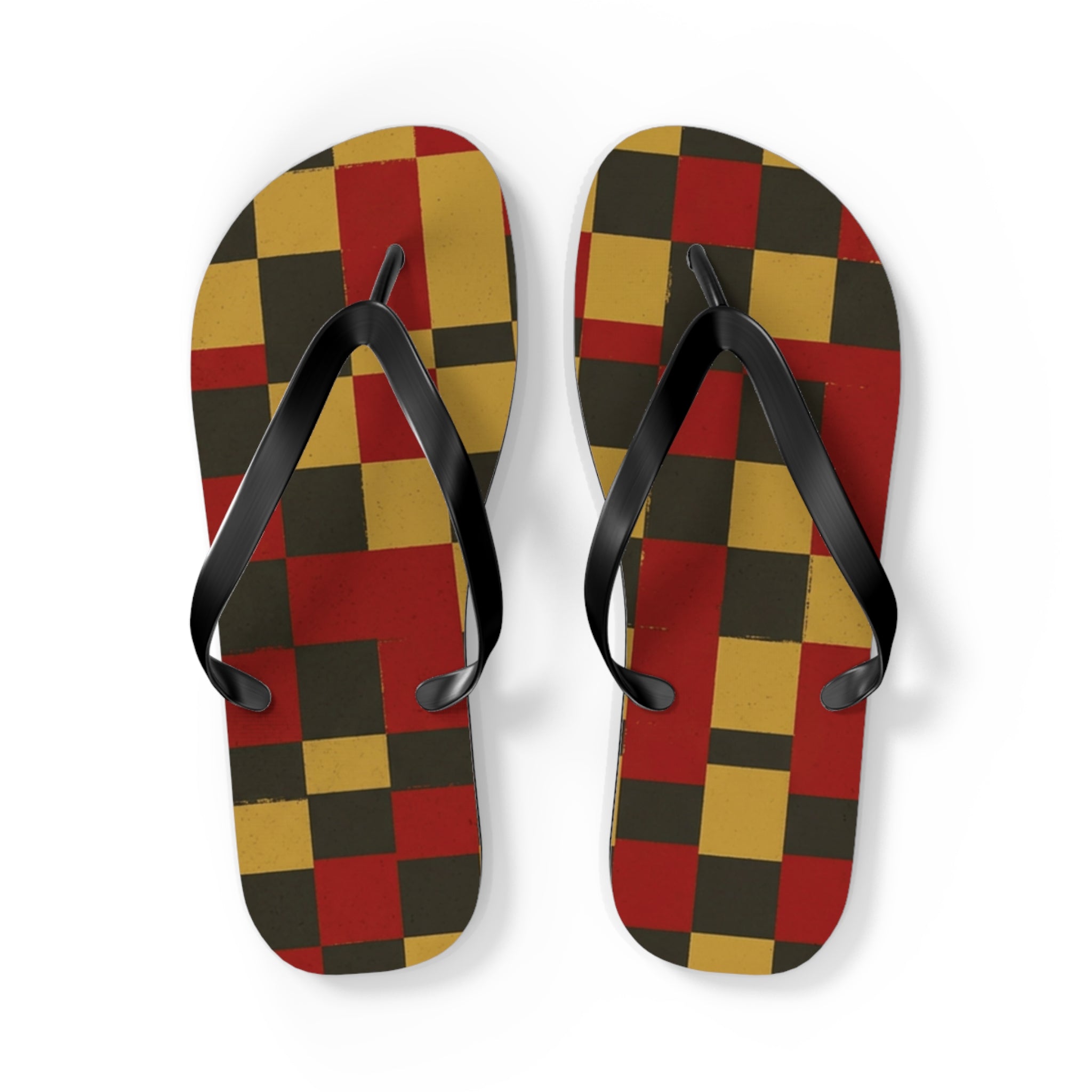 Checkerboard Flip Flops – Retro Red, Mustard & Olive Summer Sandals