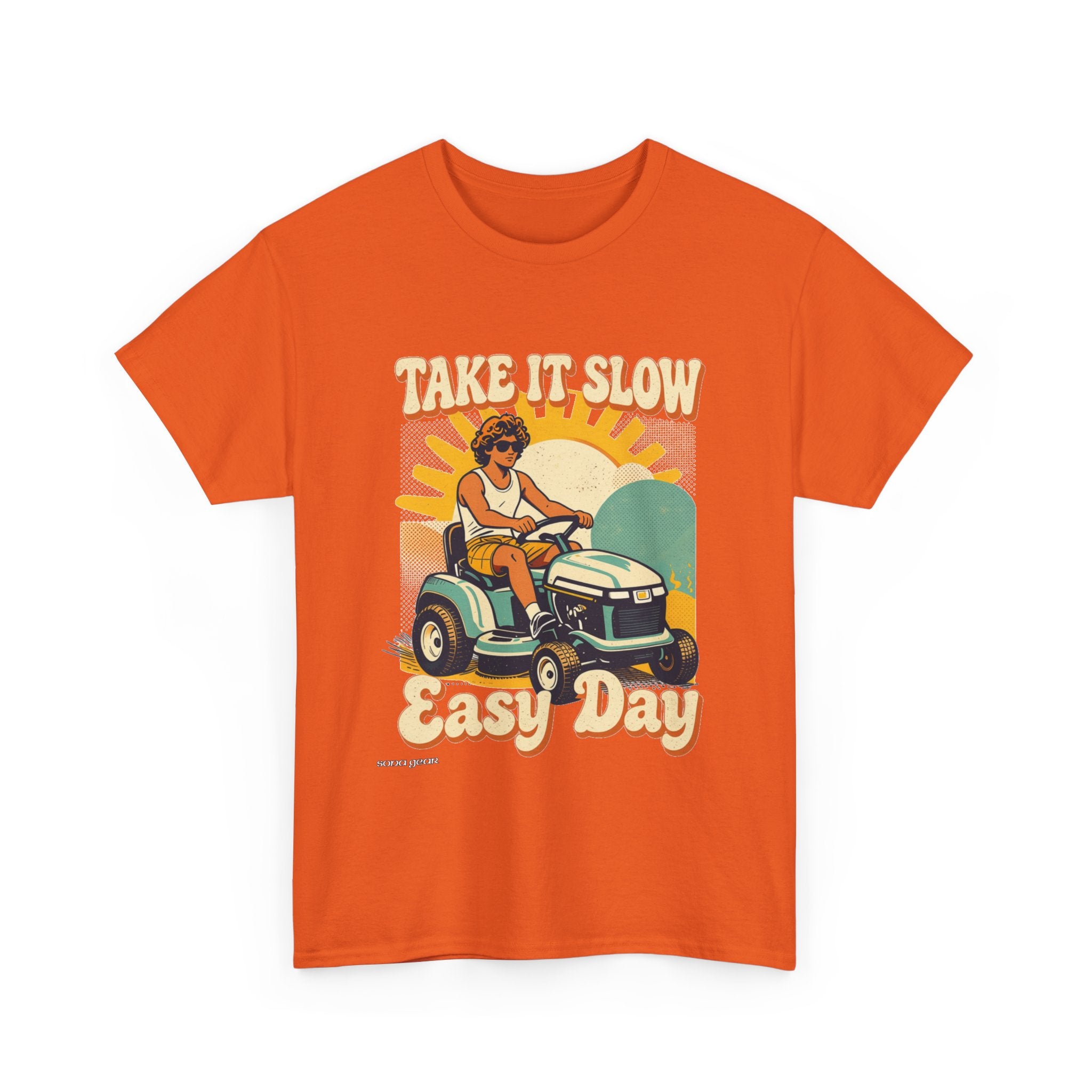Take It Slow Easy Day Tee | Retro Lawn Mower Illustration