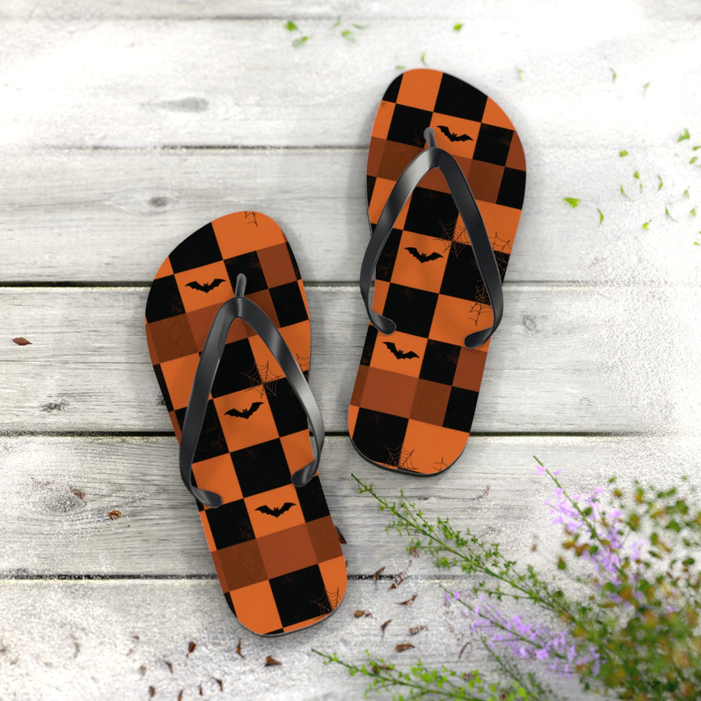 Halloween Bat Checkerboard Flip Flops — Orange & Black Beach Sandals