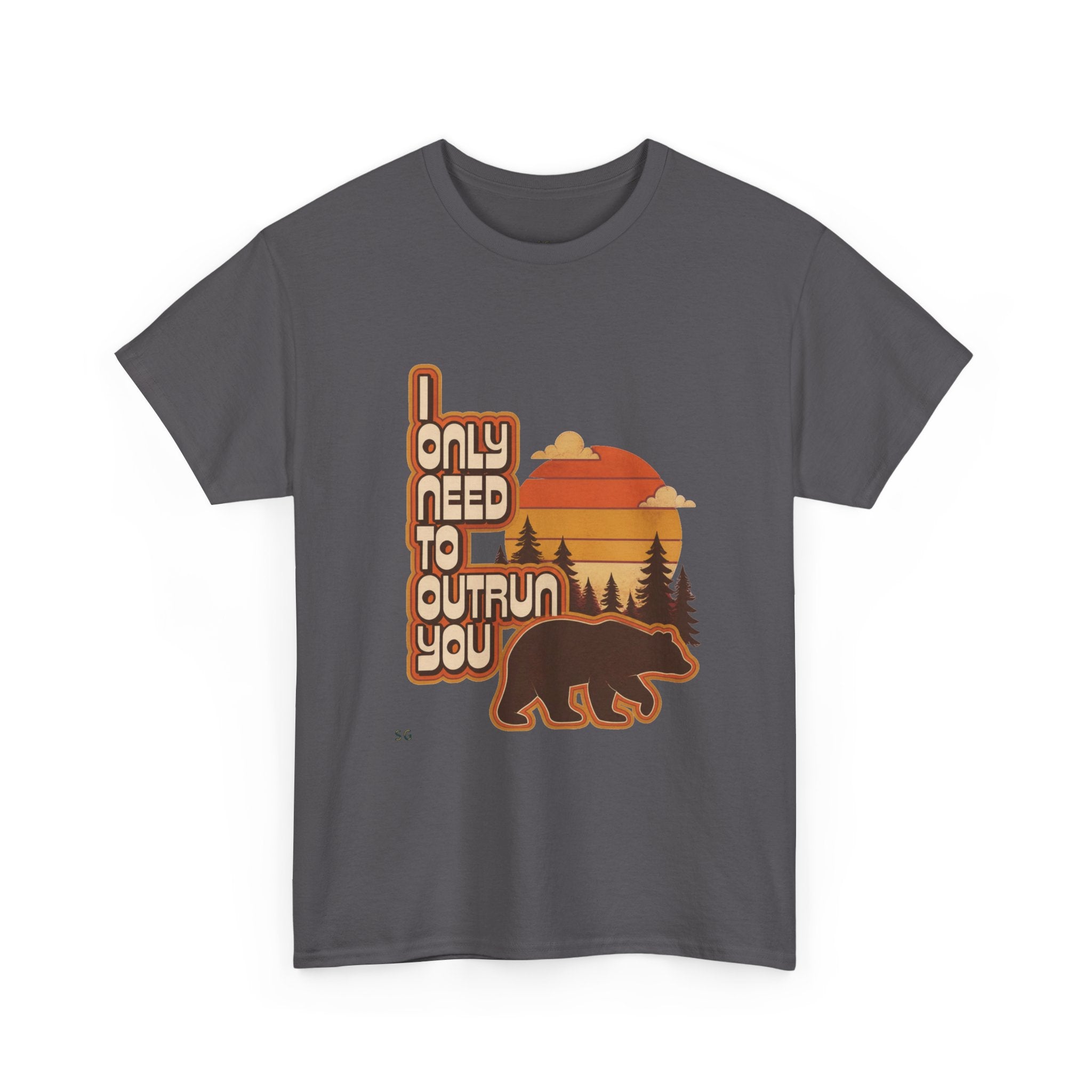 Bear Sunset Tee — "I Only Need to Outrun You" Retro Nature T-Shirt