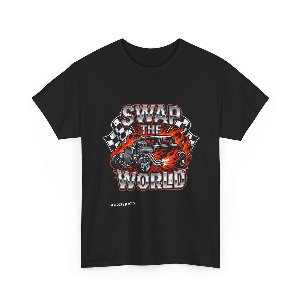 Swap The World hot rod car T-Shirt | flaming vintage race decal